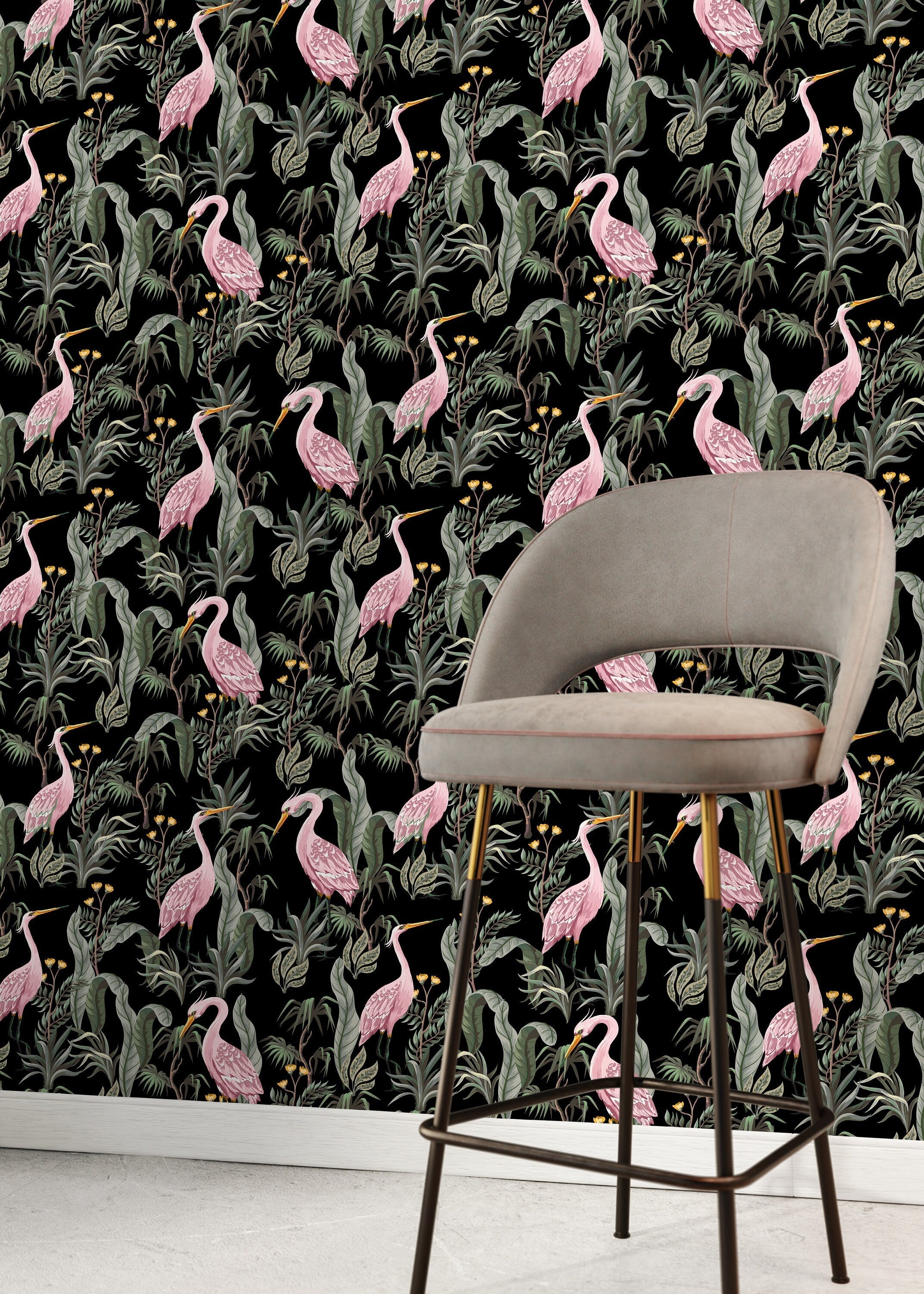 Chinoiserie Wallpaper With Elegant Cranes Amidst Tropical Leaves In Pink And Green - D123