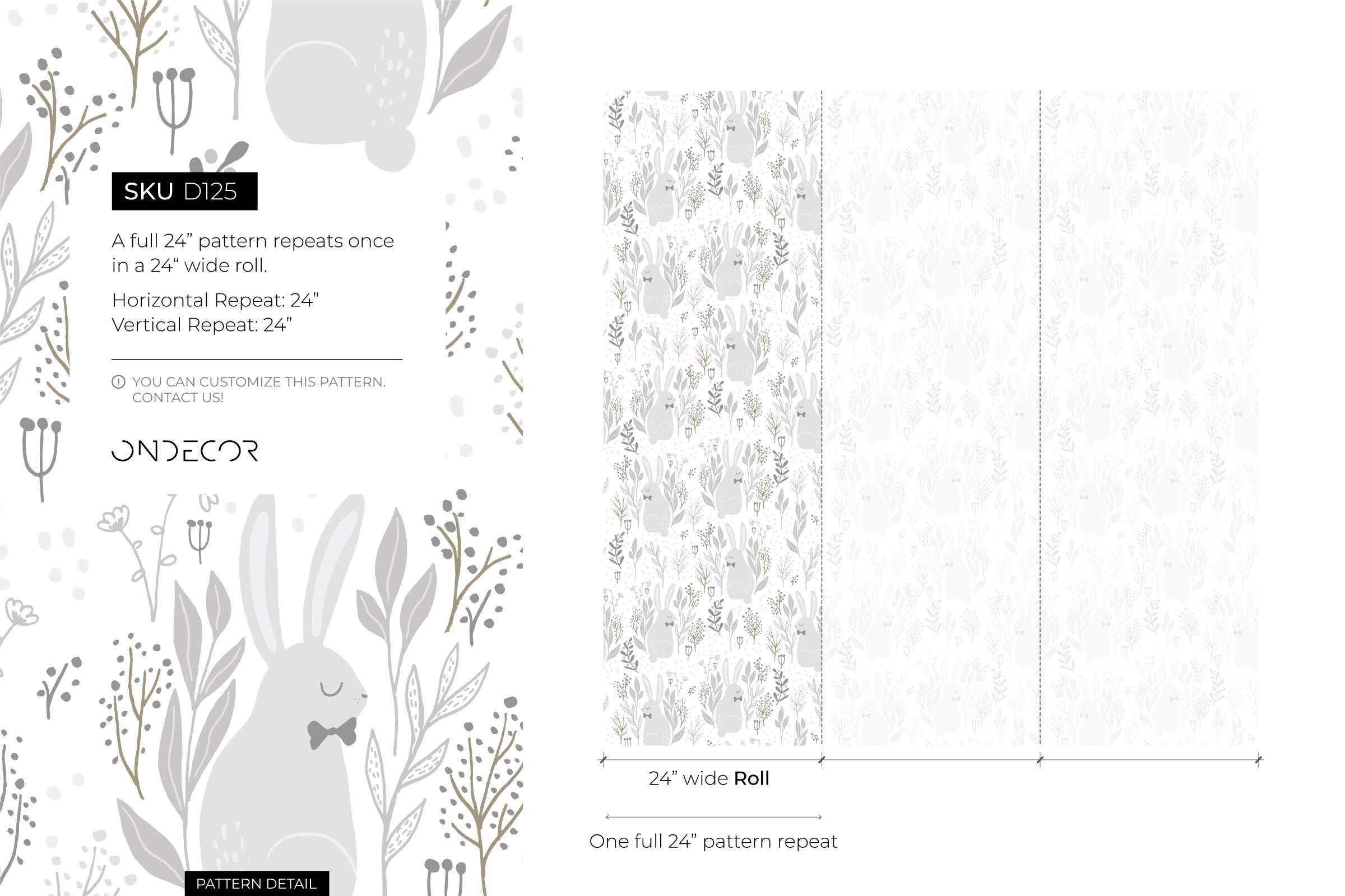 Nursery Wallpaper With A Bunny And Botanical Motif In Gray And Brown - D125