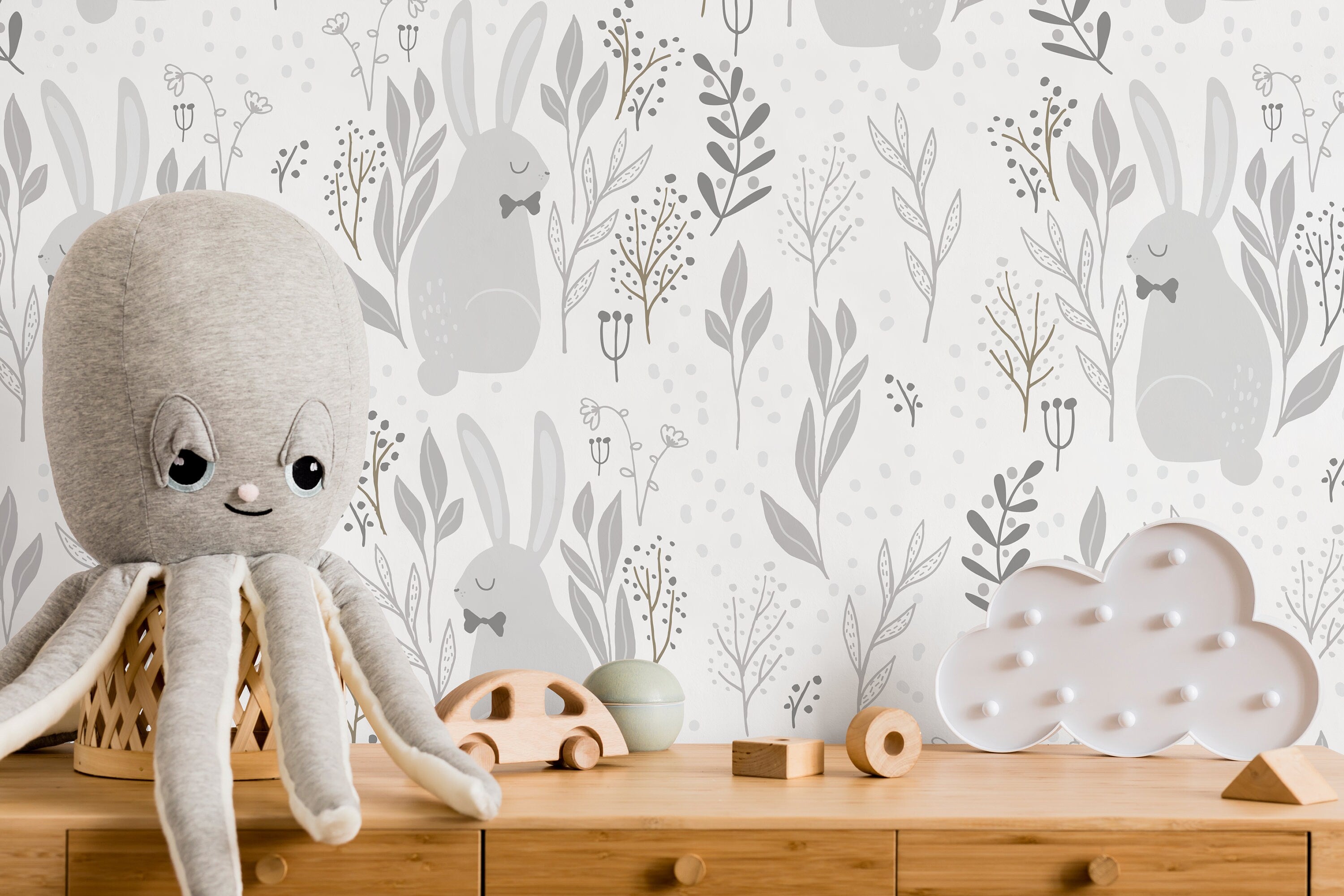 Nursery Wallpaper With A Bunny And Botanical Motif In Gray And Brown - D125