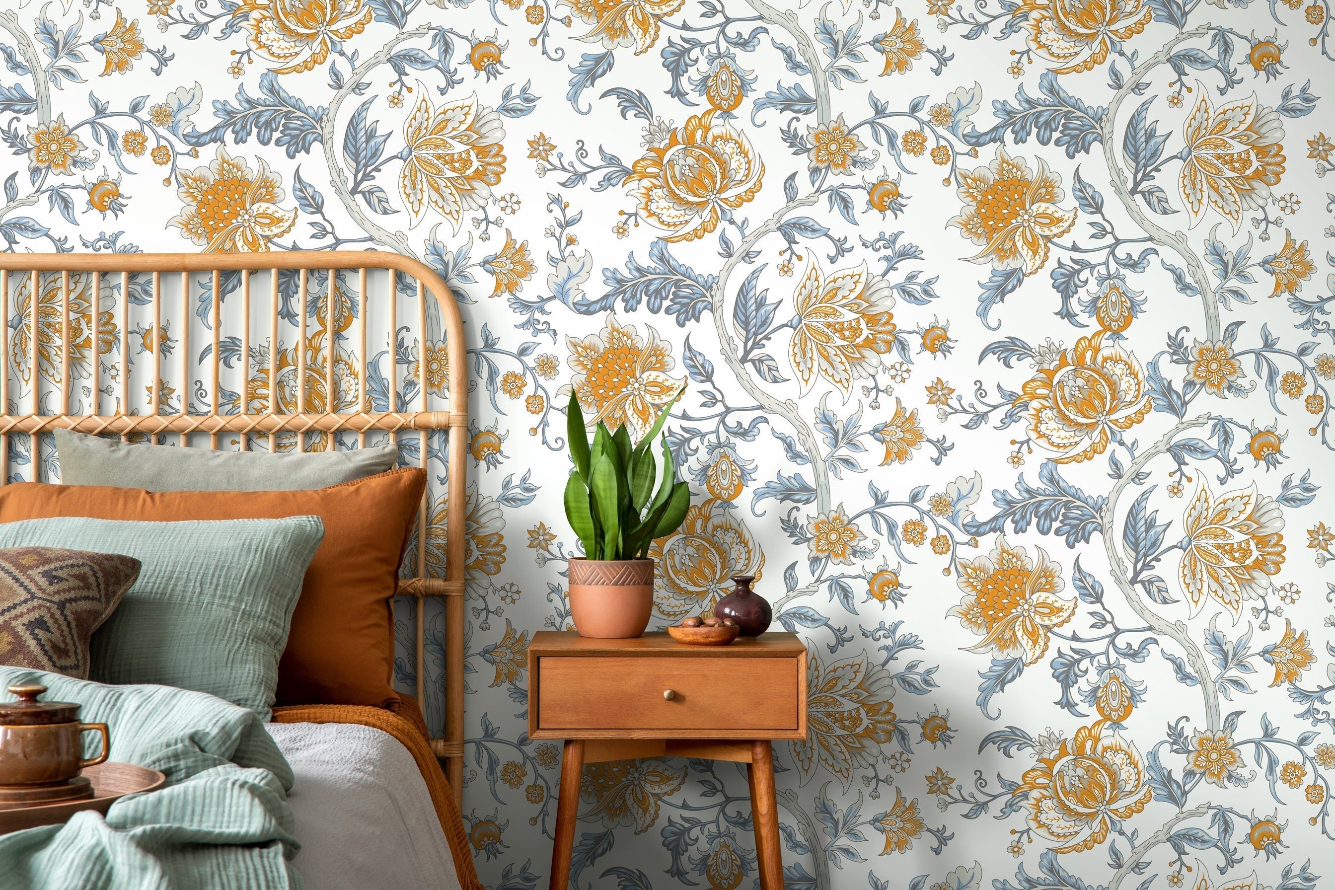 Floral Wallpaper With A Vintage Jacobean Motif In Blue, Yellow, And Grey - D127