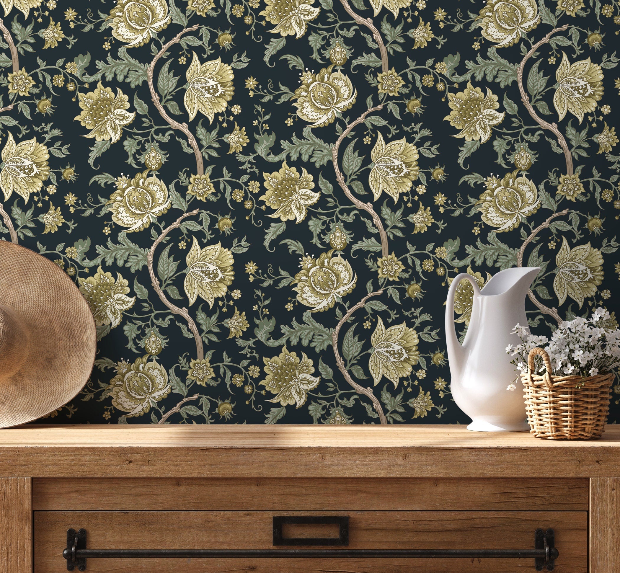 Vintage Floral Wallpaper With An Intricate Vine Motif In Green And Cream - D128
