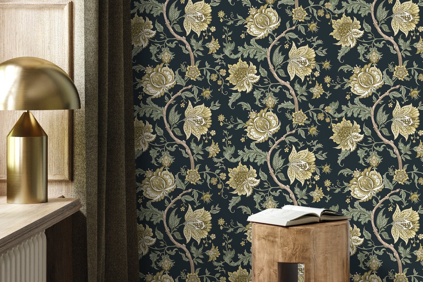 Vintage Floral Wallpaper With An Intricate Vine Motif In Green And Cream - D128
