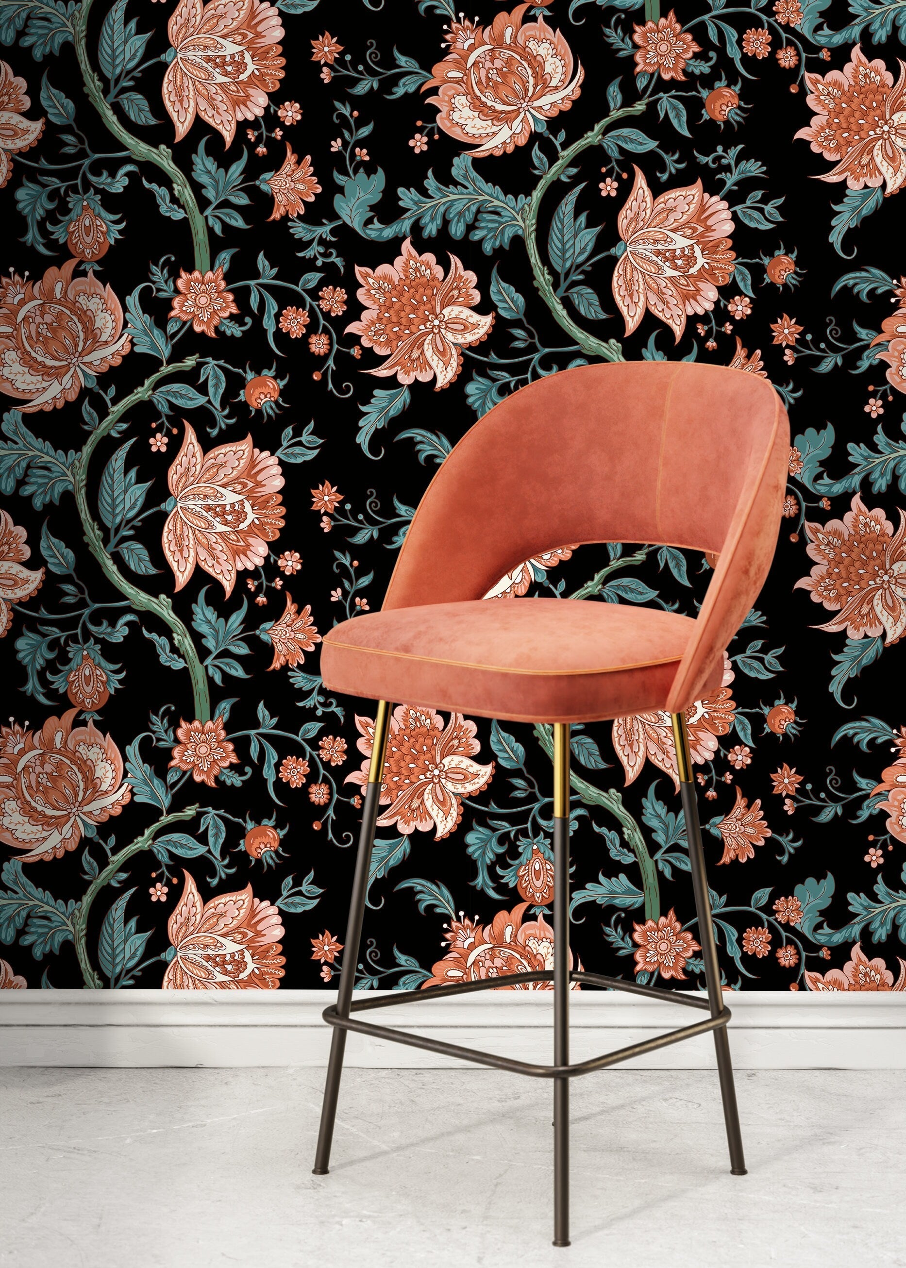 Vintage Floral Wallpaper With Baroque Blooms In Black, Terracotta, And Teal - D129