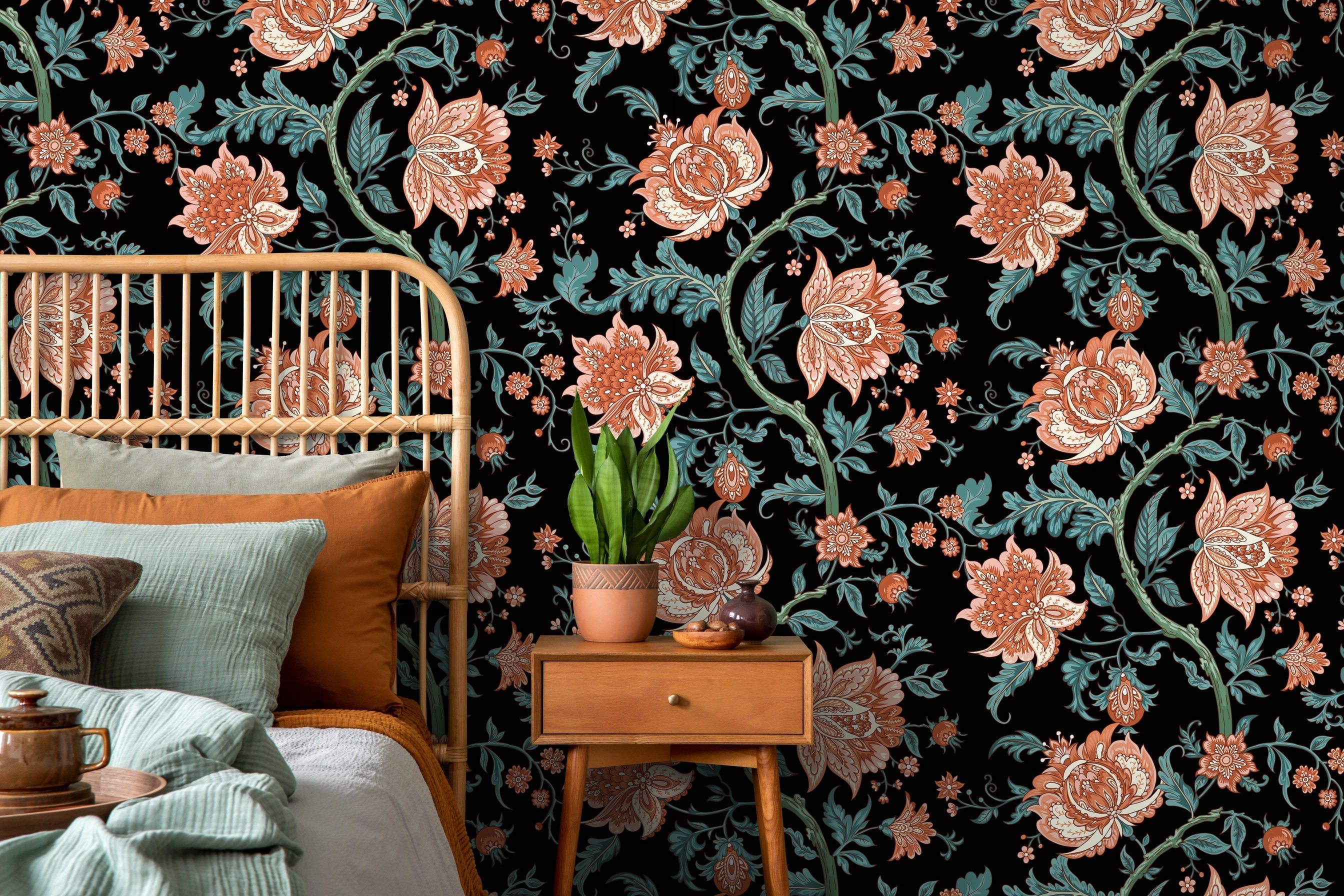 Vintage Floral Wallpaper With Baroque Blooms In Black, Terracotta, And Teal - D129