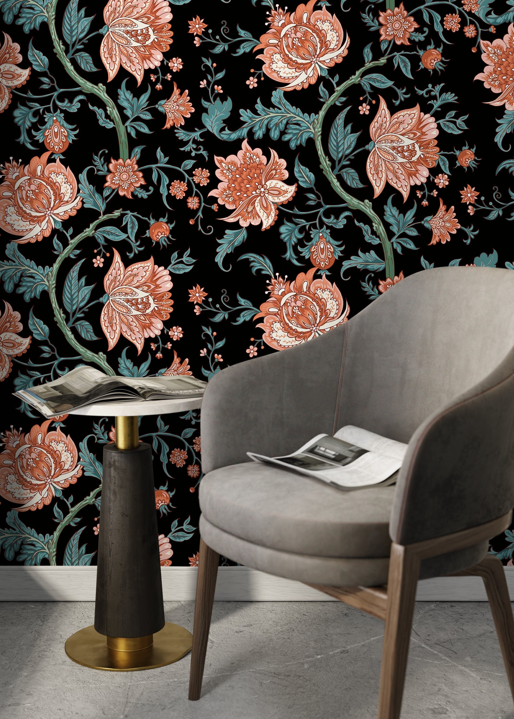 Vintage Floral Wallpaper With Baroque Blooms In Black, Terracotta, And Teal - D129