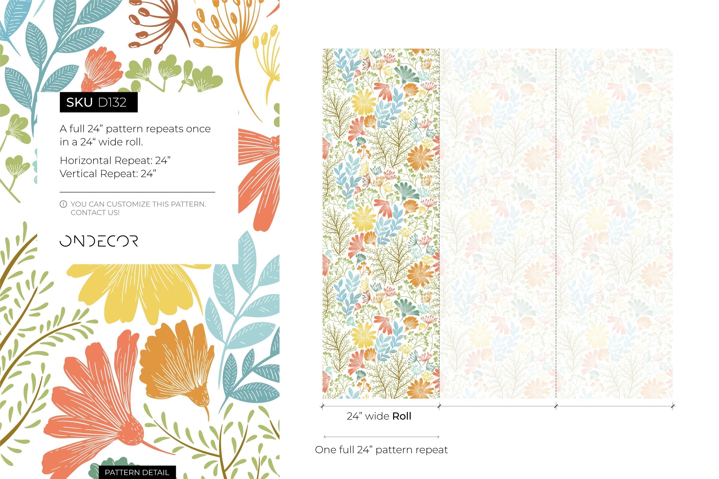 Floral Wallpaper Featuring Stylized Wildflowers In Orange, Yellow, And Blue - D132