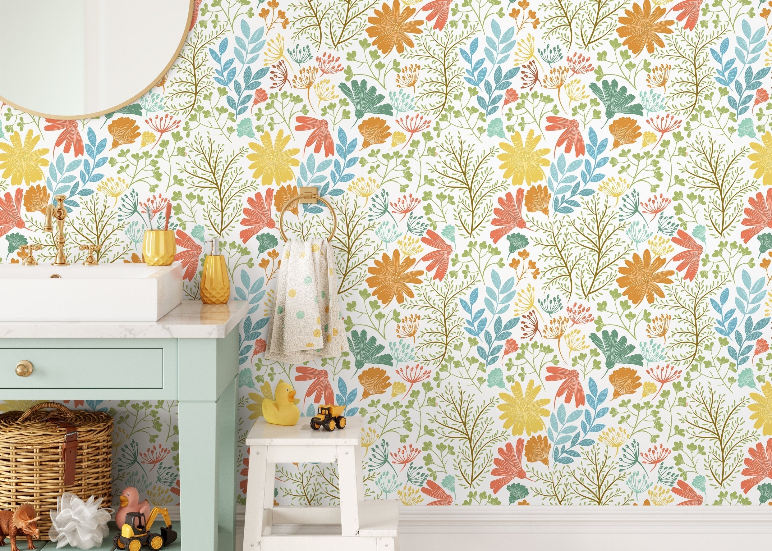 Floral Wallpaper Featuring Stylized Wildflowers In Orange, Yellow, And Blue - D132