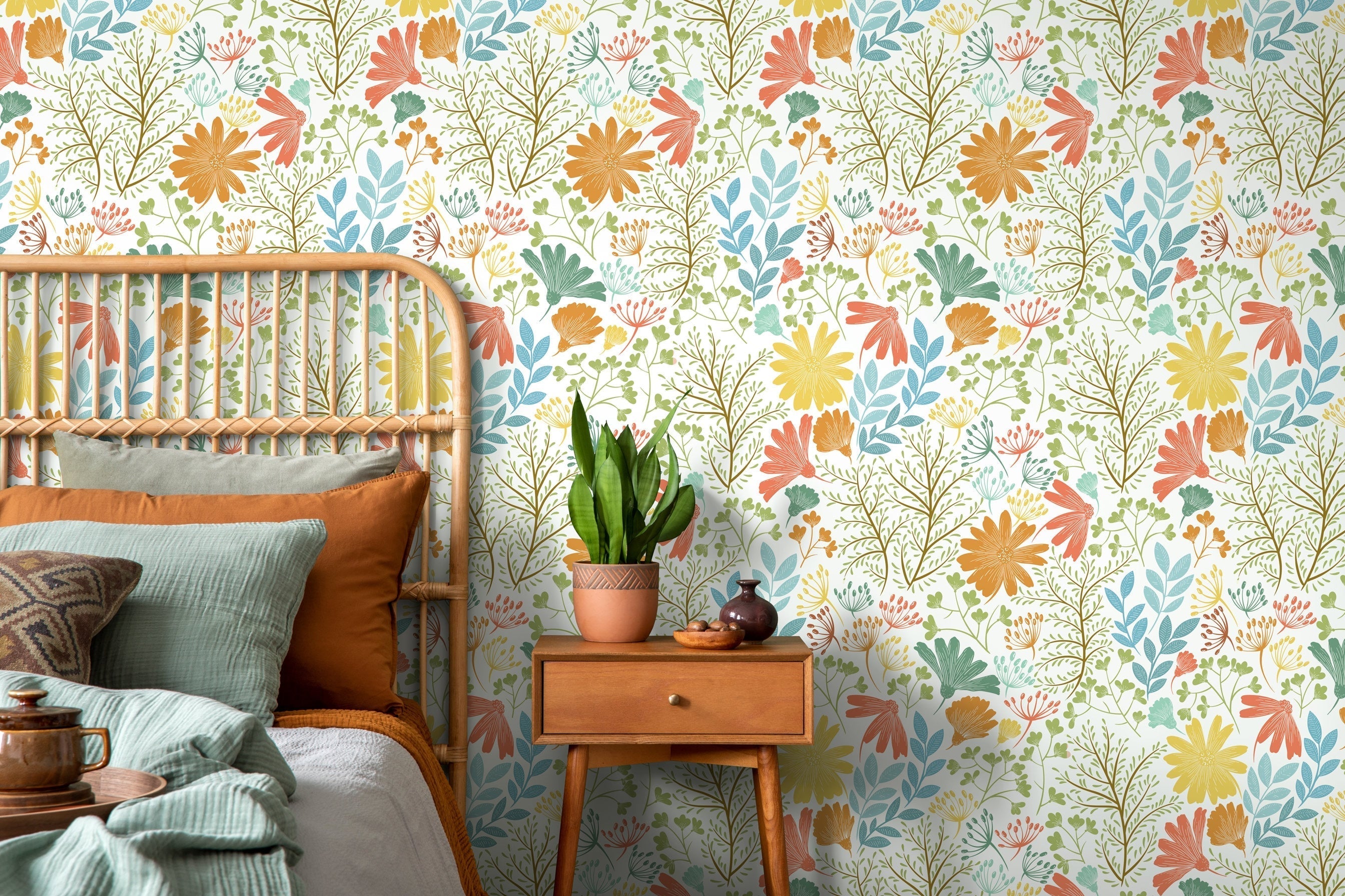 Floral Wallpaper Featuring Stylized Wildflowers In Orange, Yellow, And Blue - D132