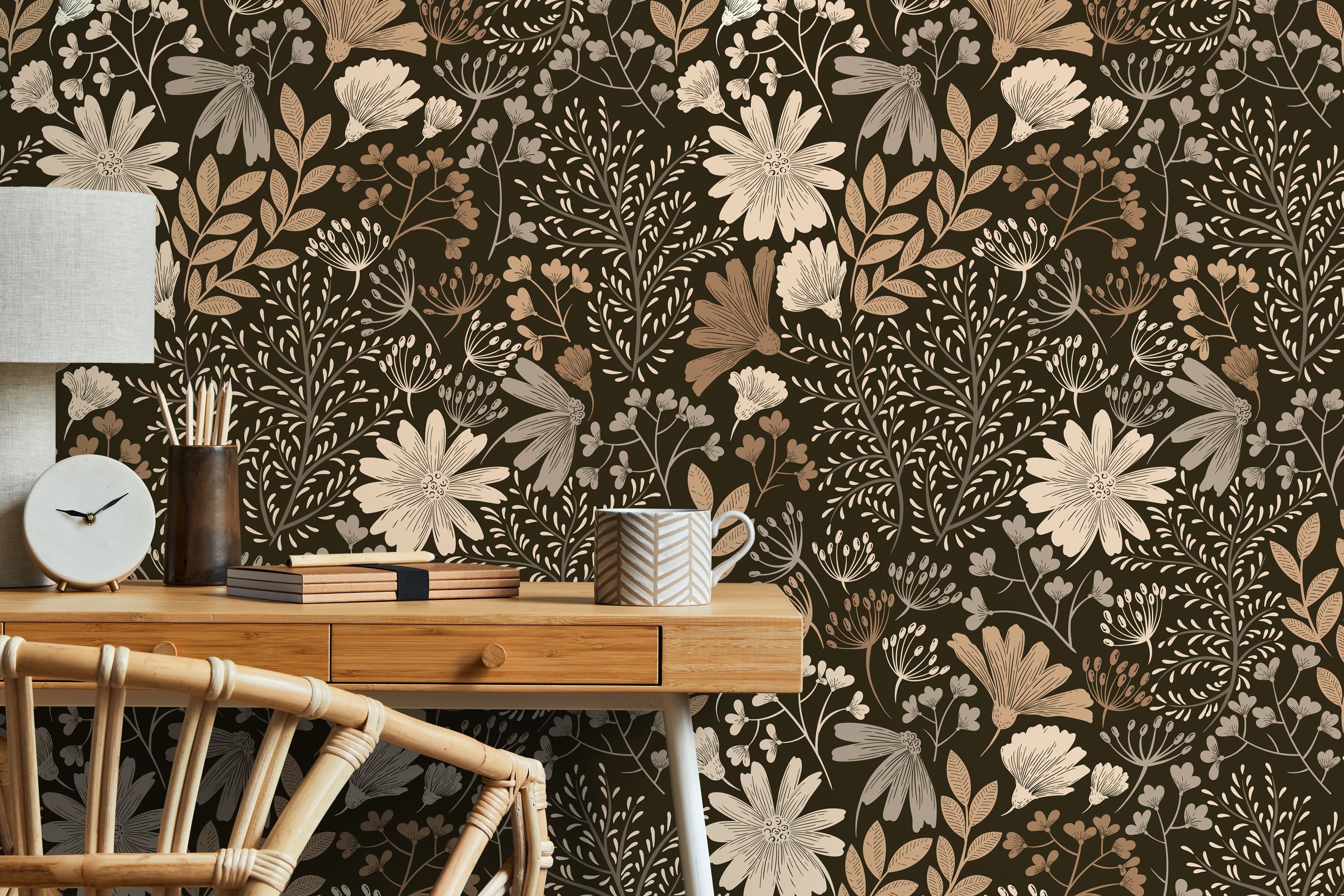 Floral Wallpaper Featuring A Boho Wildflower Meadow In Brown And Beige - D133