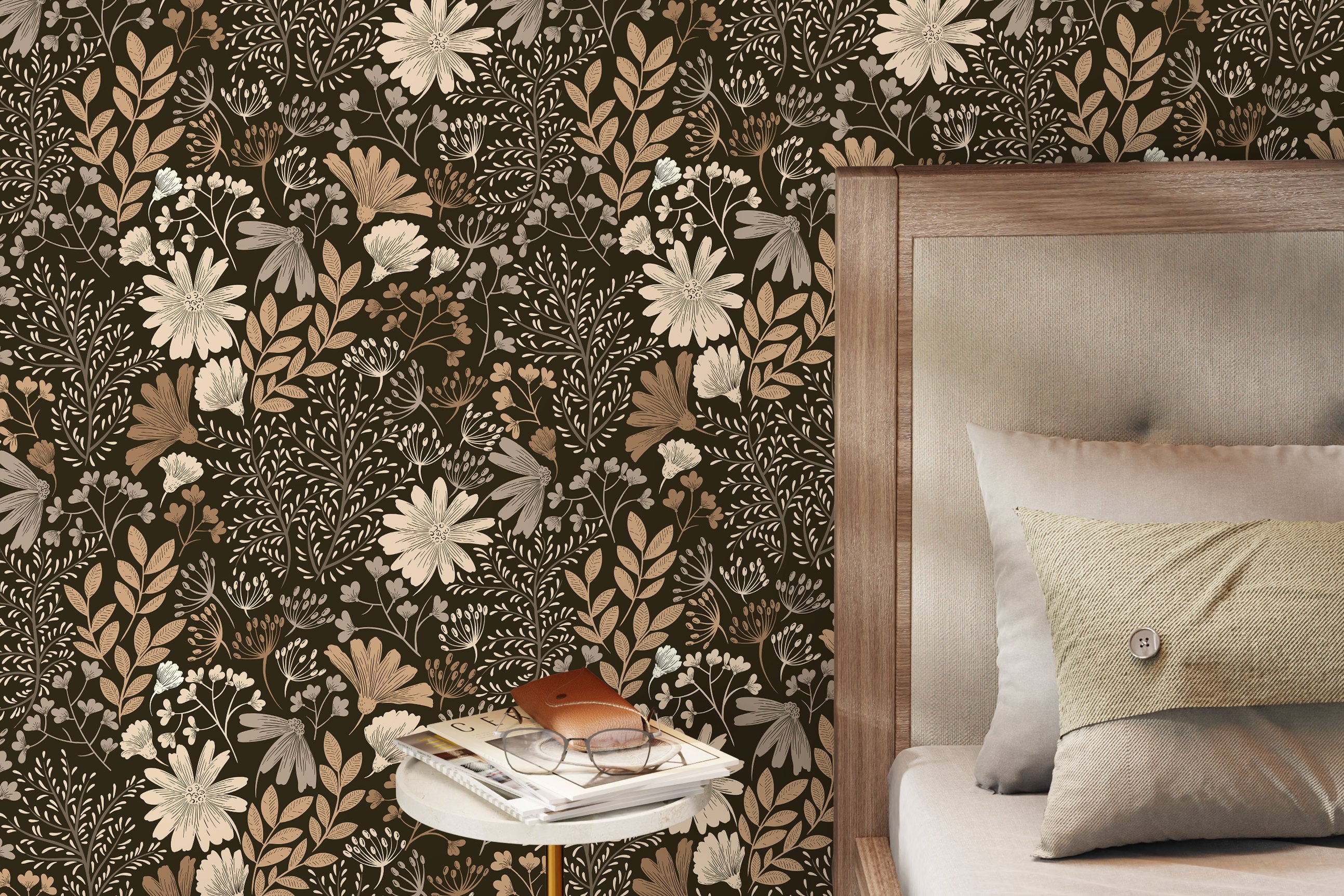 Floral Wallpaper Featuring A Boho Wildflower Meadow In Brown And Beige - D133