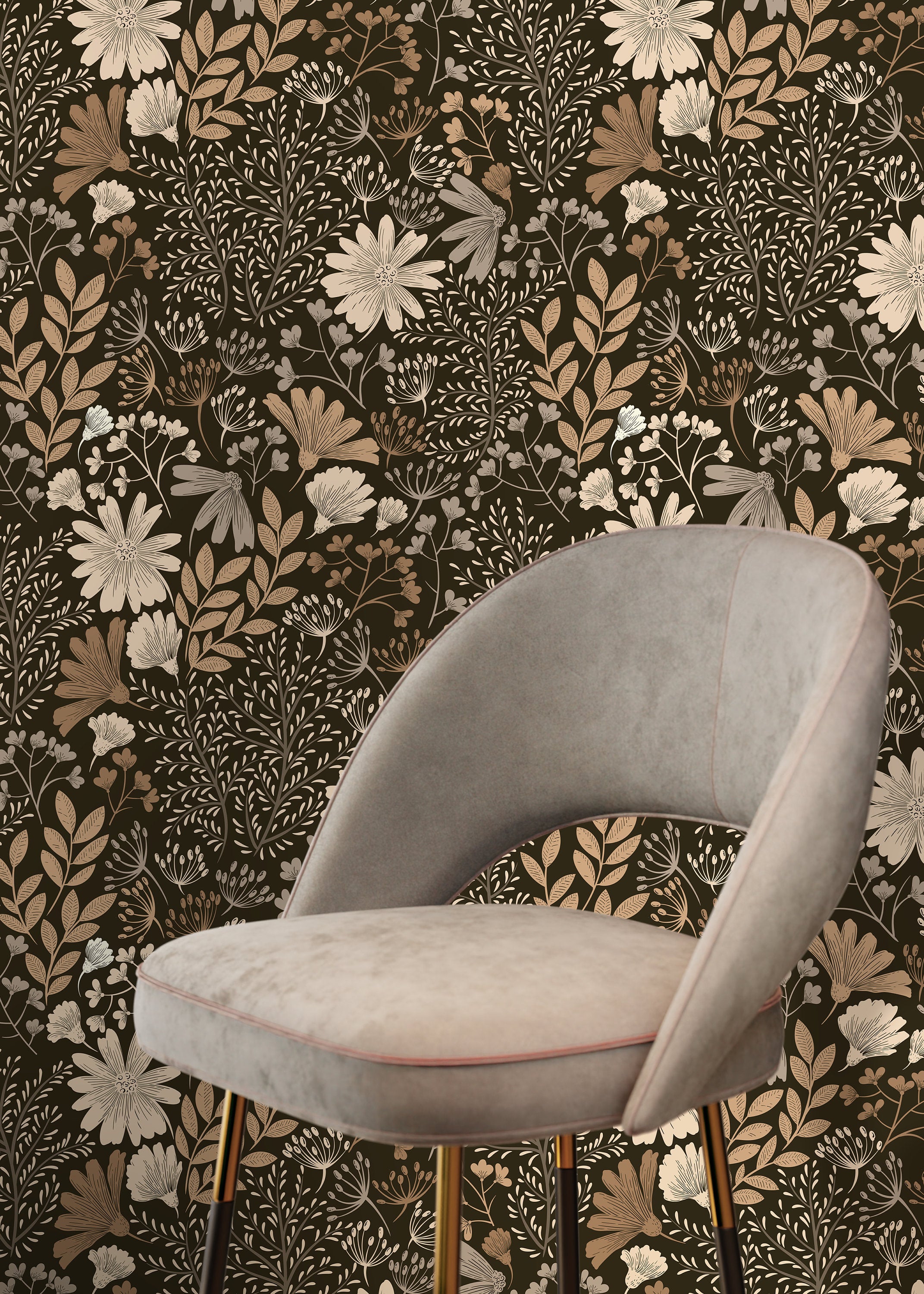 Floral Wallpaper Featuring A Boho Wildflower Meadow In Brown And Beige - D133