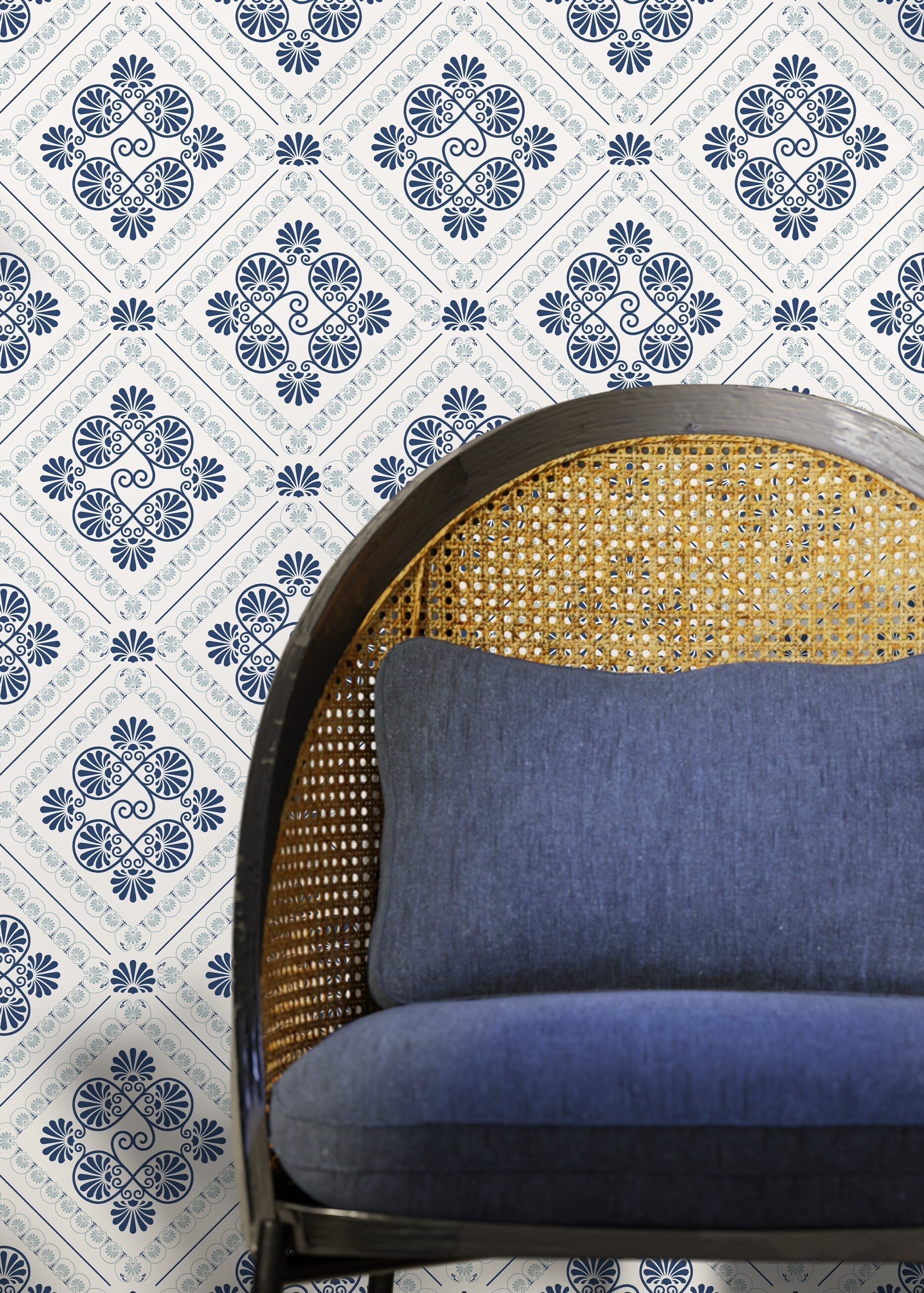 Tile Wallpaper With A Mediterranean Motif In Blue And Gray - D136