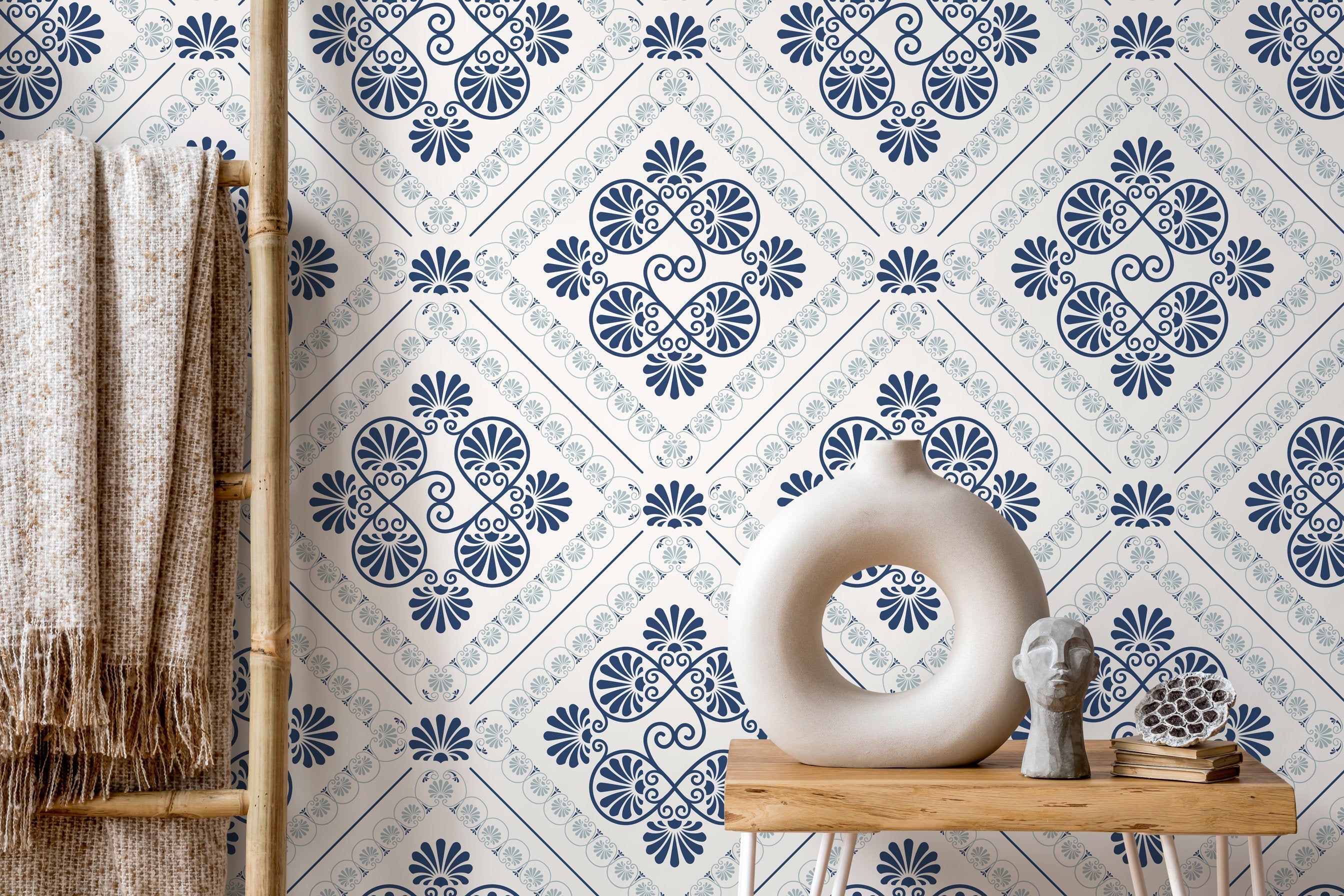 Tile Wallpaper With A Mediterranean Motif In Blue And Gray - D136