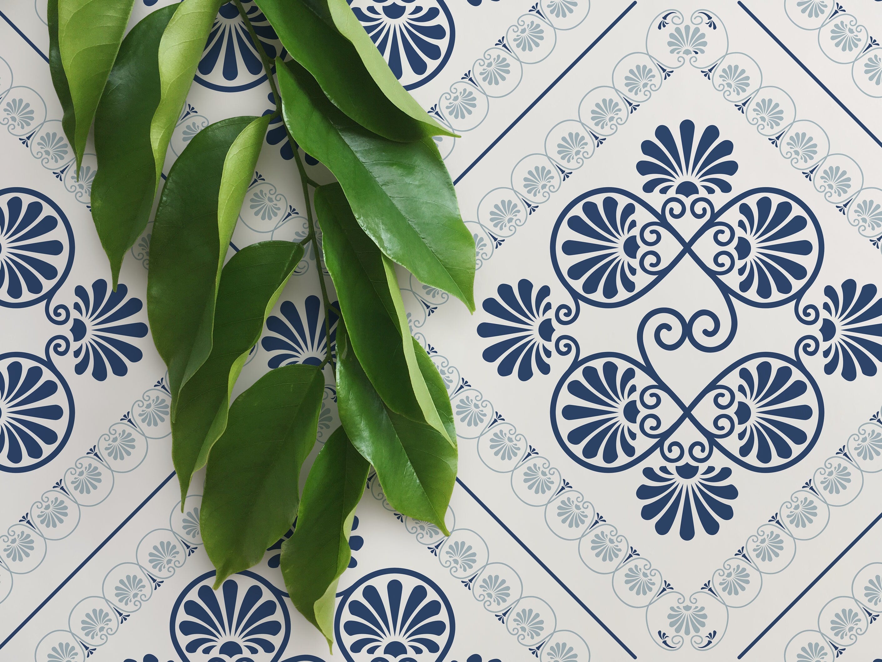 Tile Wallpaper With A Mediterranean Motif In Blue And Gray - D136