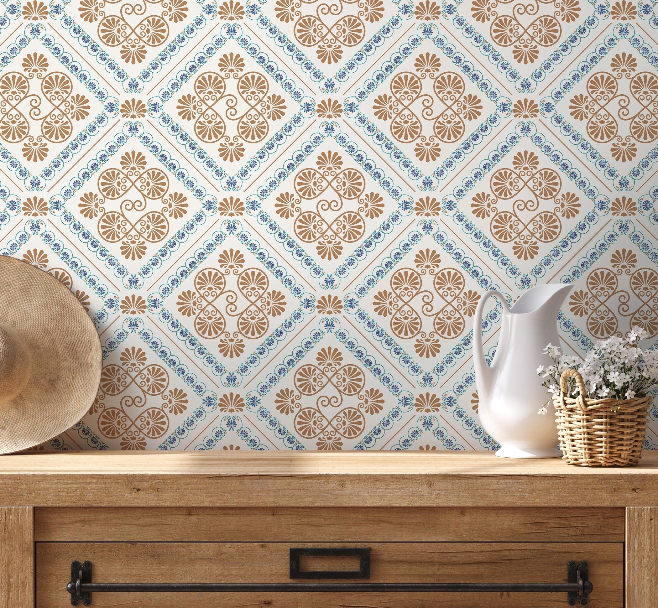 Retro Tile Wallpaper With A Spanish Azulejo Motif In Blue And Beige - D138