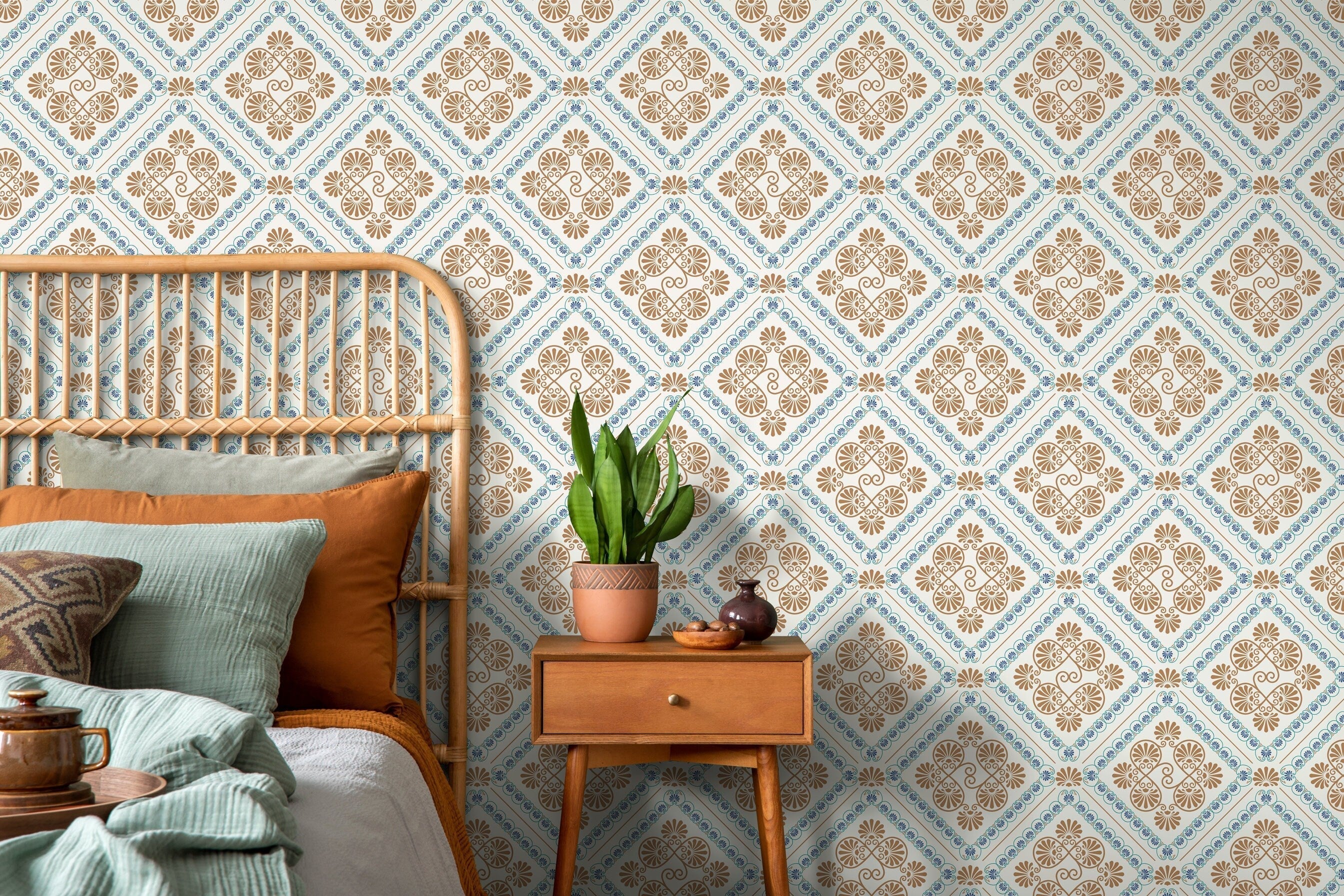Retro Tile Wallpaper With A Spanish Azulejo Motif In Blue And Beige - D138