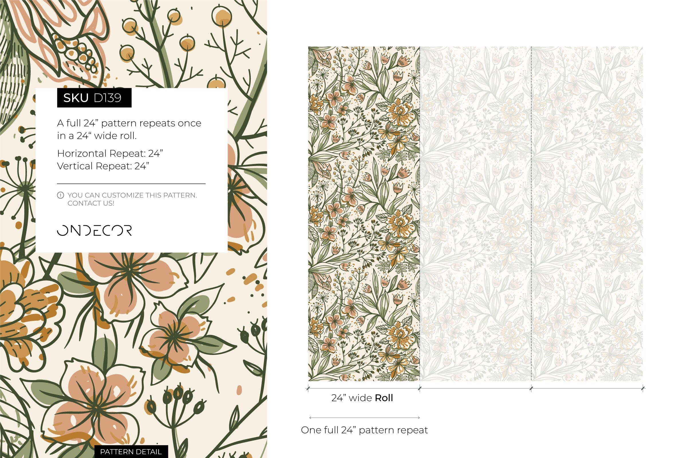 Botanical Wallpaper With Hand-drawn Florals In Green, Pink, And Ochre - D139