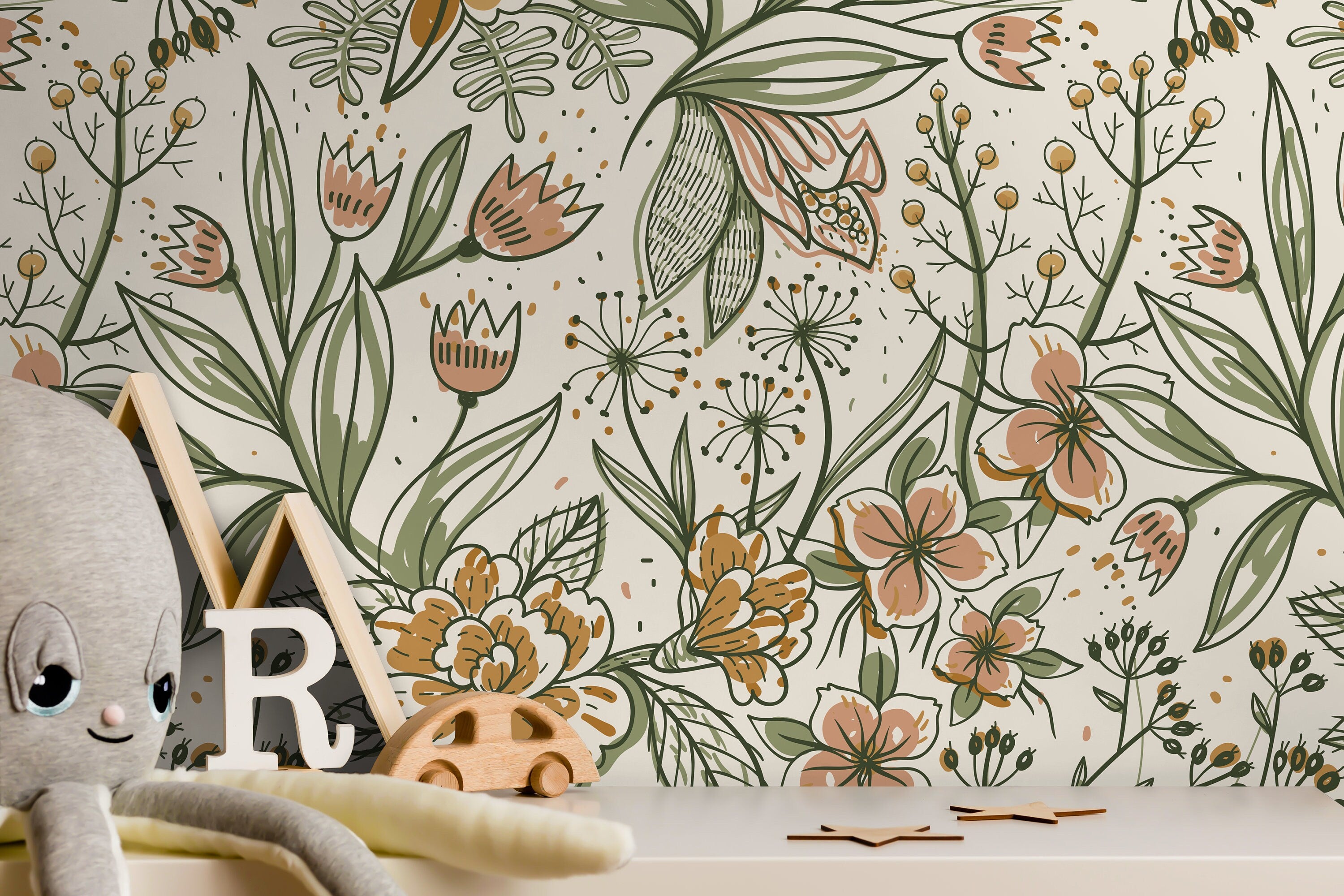 Botanical Wallpaper With Hand-drawn Florals In Green, Pink, And Ochre - D139