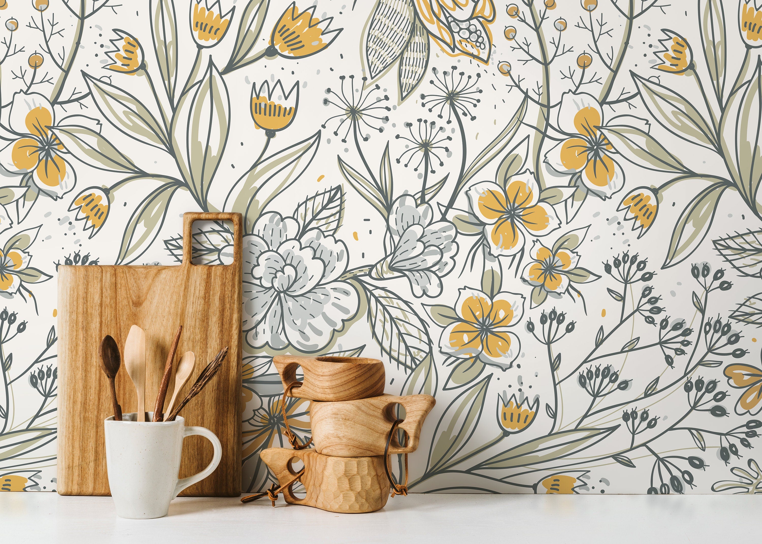 Floral Wallpaper With Hand-drawn Botanicals In Yellow, Green, And Grey - D140