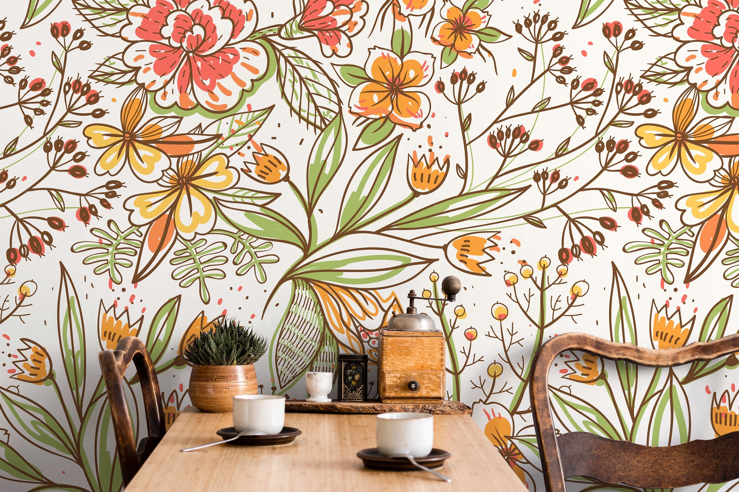 Floral Wallpaper With Hand-drawn Wildflowers In Orange, Red, And Green - D141