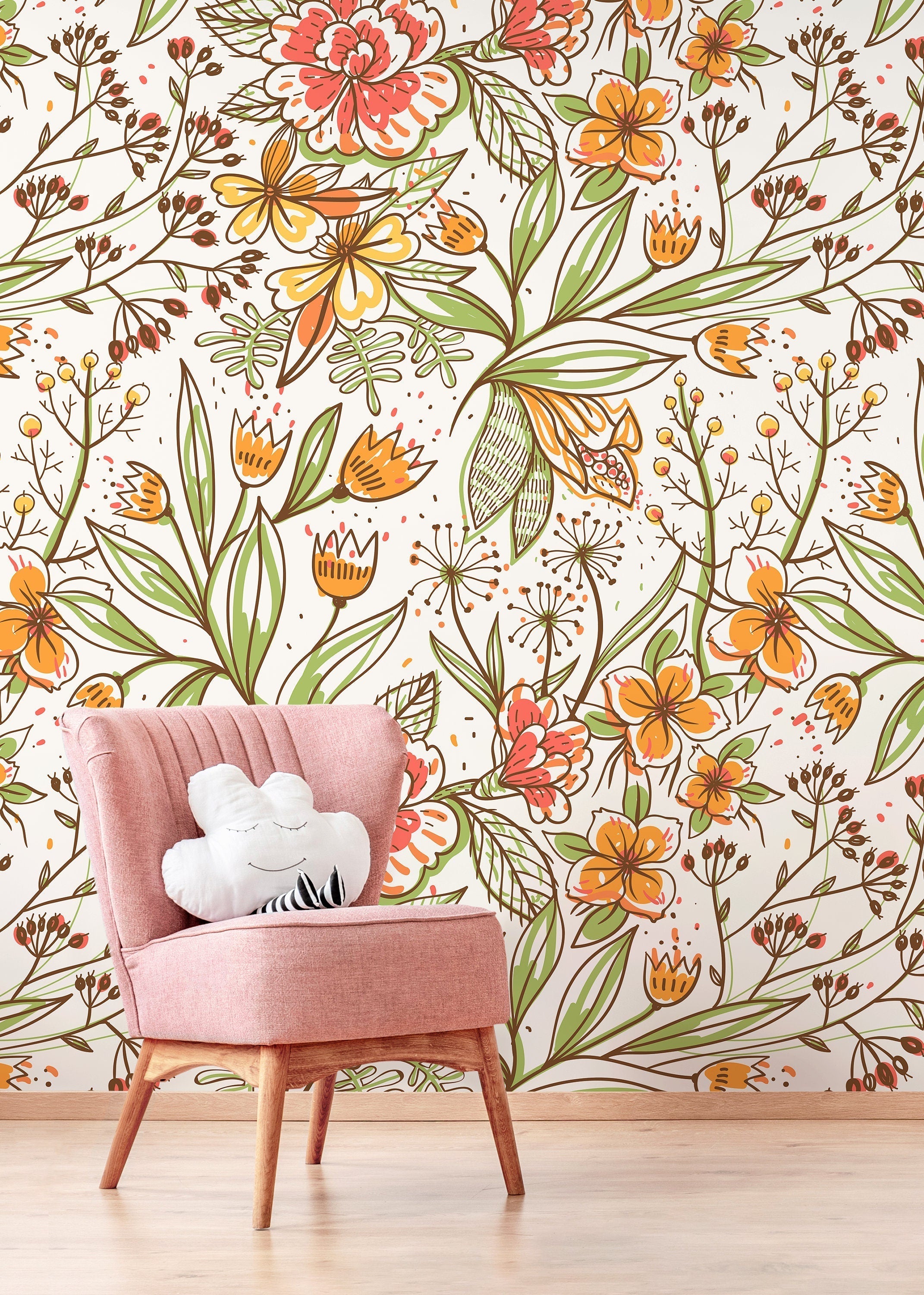 Floral Wallpaper With Hand-drawn Wildflowers In Orange, Red, And Green - D141