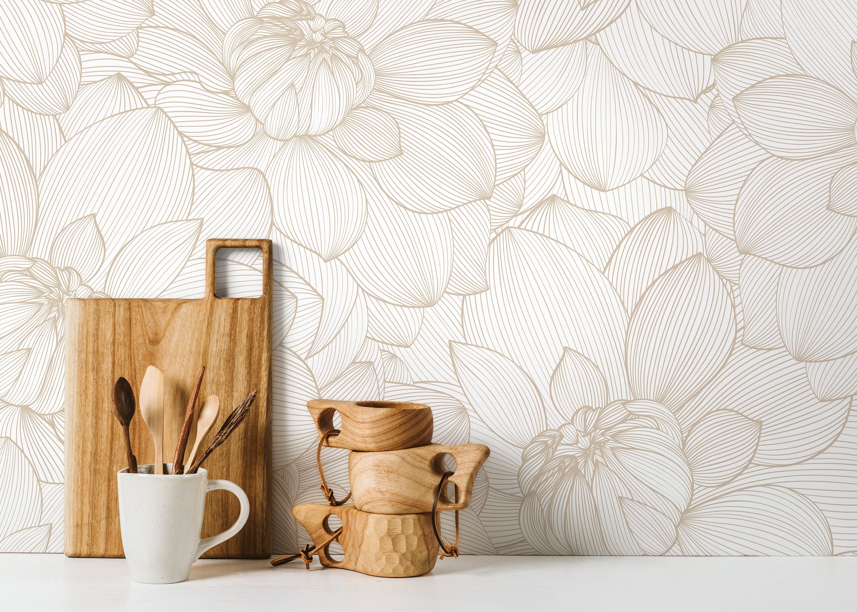 Floral Wallpaper With A Neutral Peony Line Art In Beige And Cream - D144