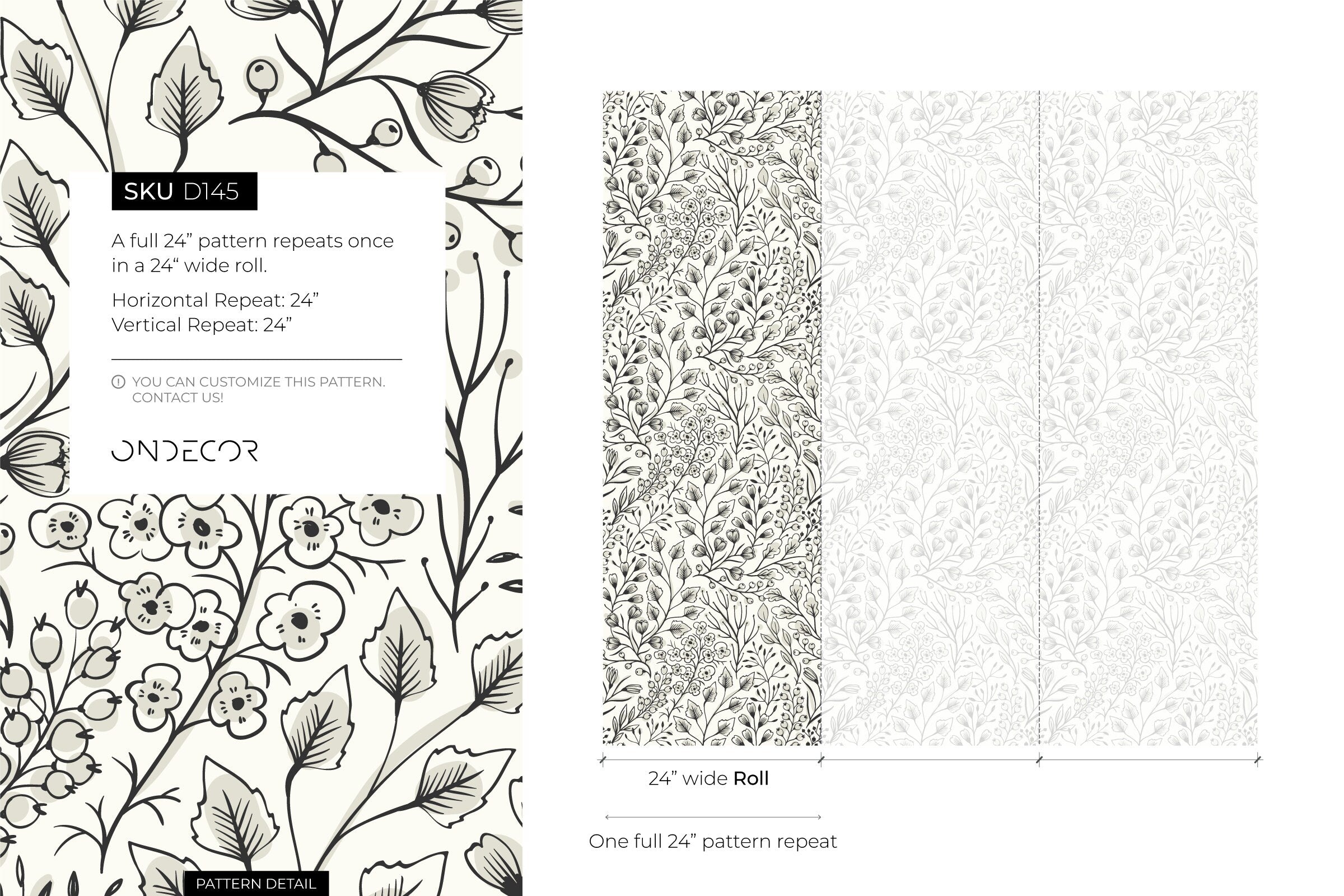Botanical Wallpaper With A Hand-drawn Wildflower Motif In Black And Gray - D145