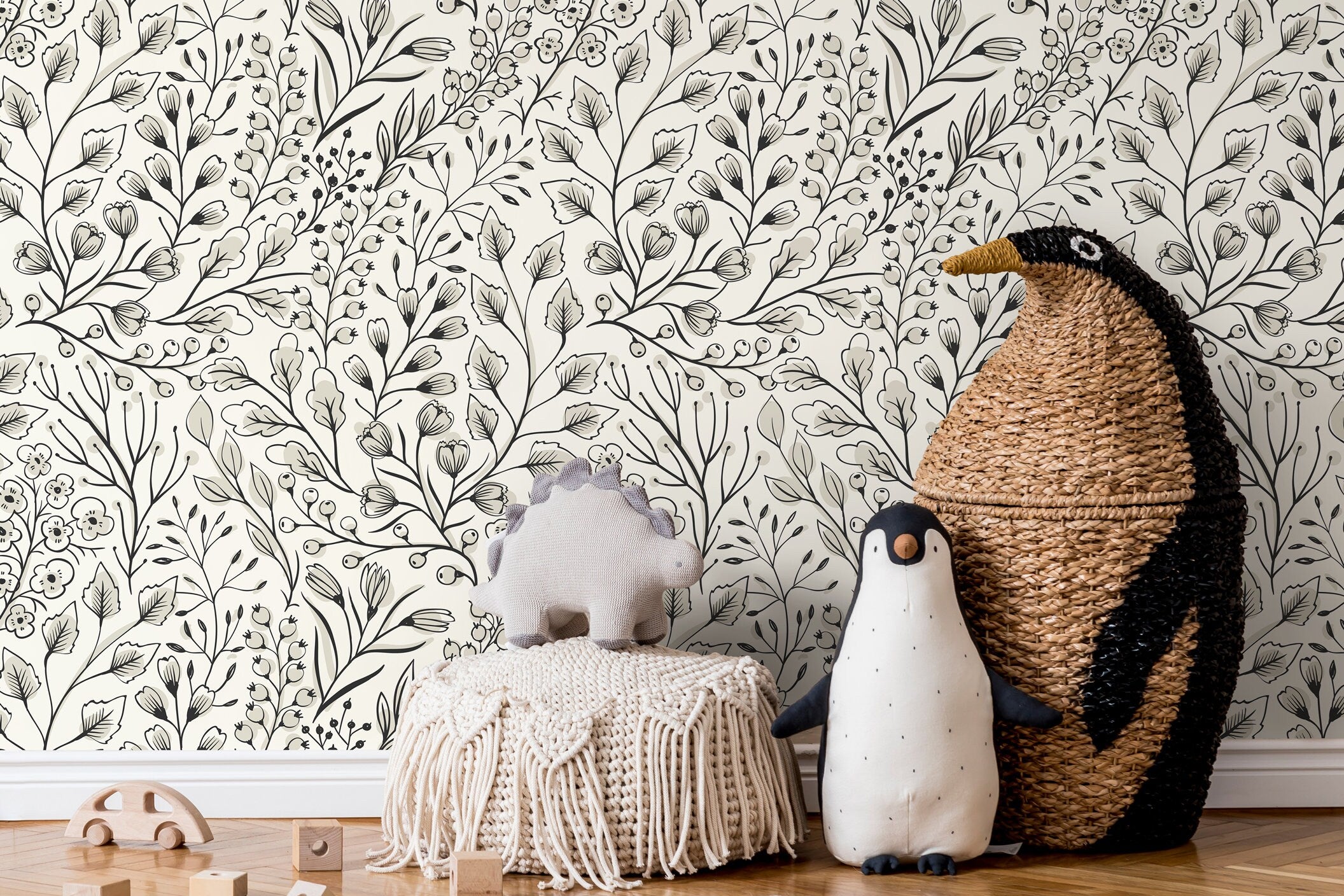 Botanical Wallpaper With A Hand-drawn Wildflower Motif In Black And Gray - D145