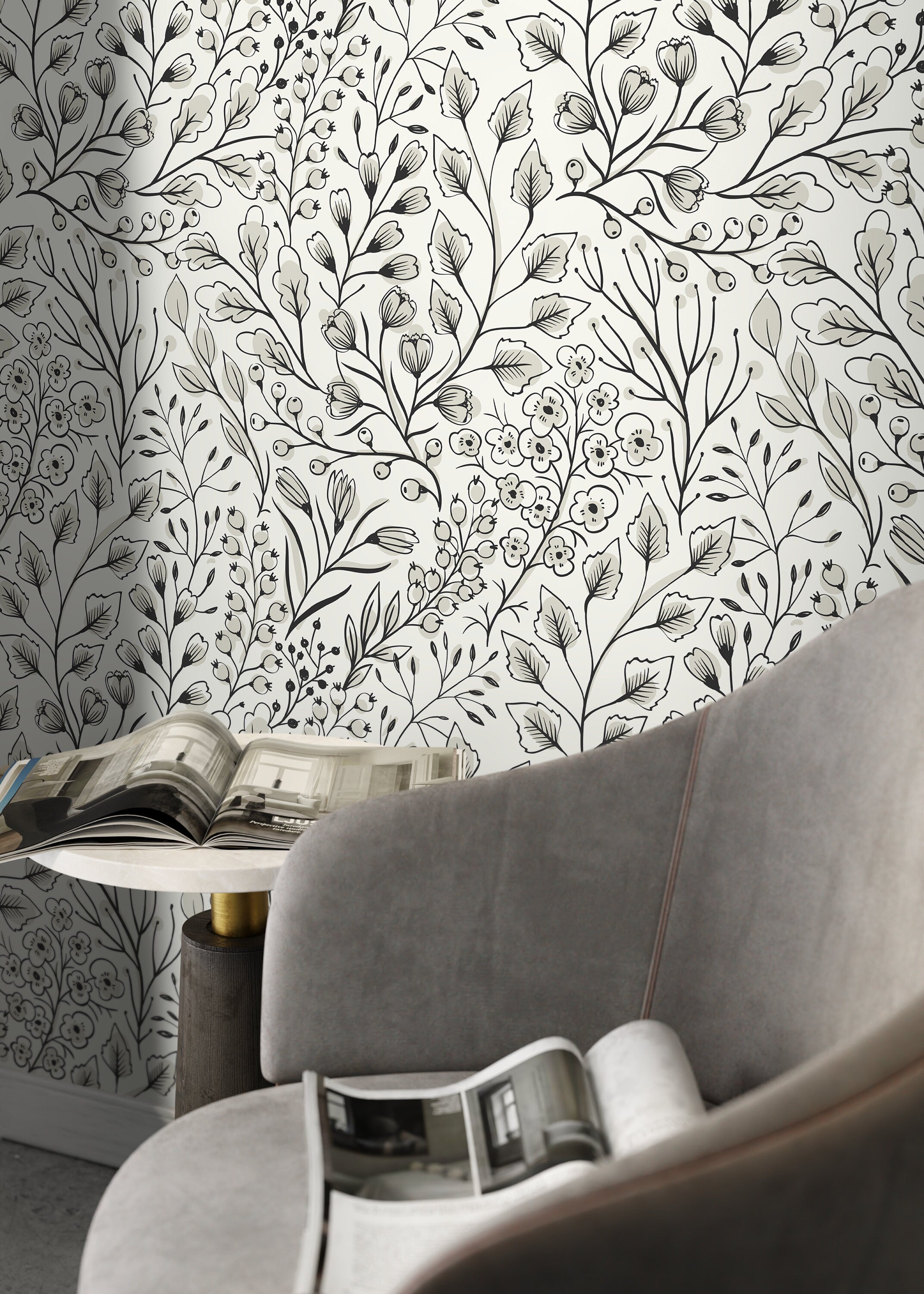 Botanical Wallpaper With A Hand-drawn Wildflower Motif In Black And Gray - D145