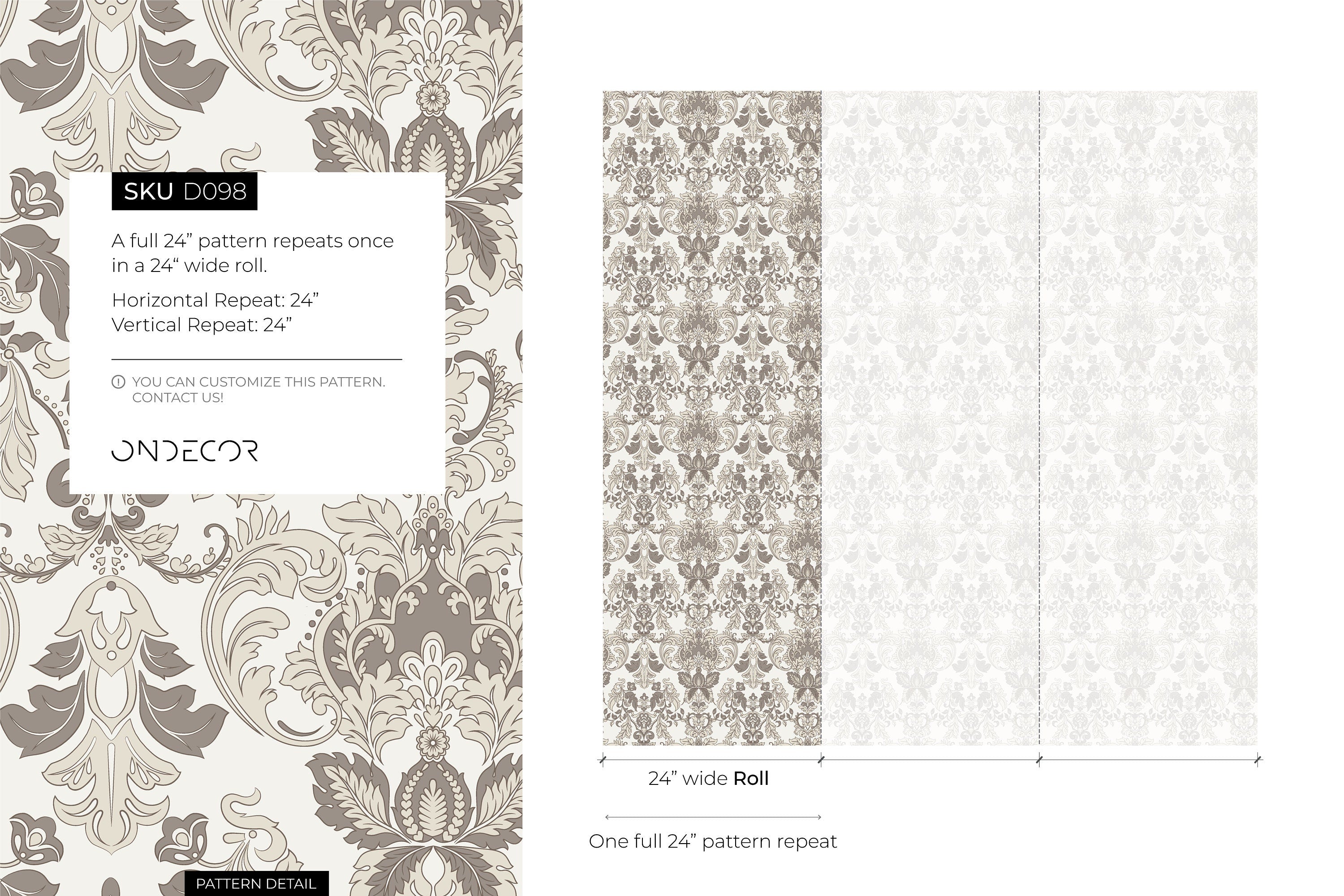 Damask Wallpaper With A Victorian Floral Motif In Taupe And Beige - D098