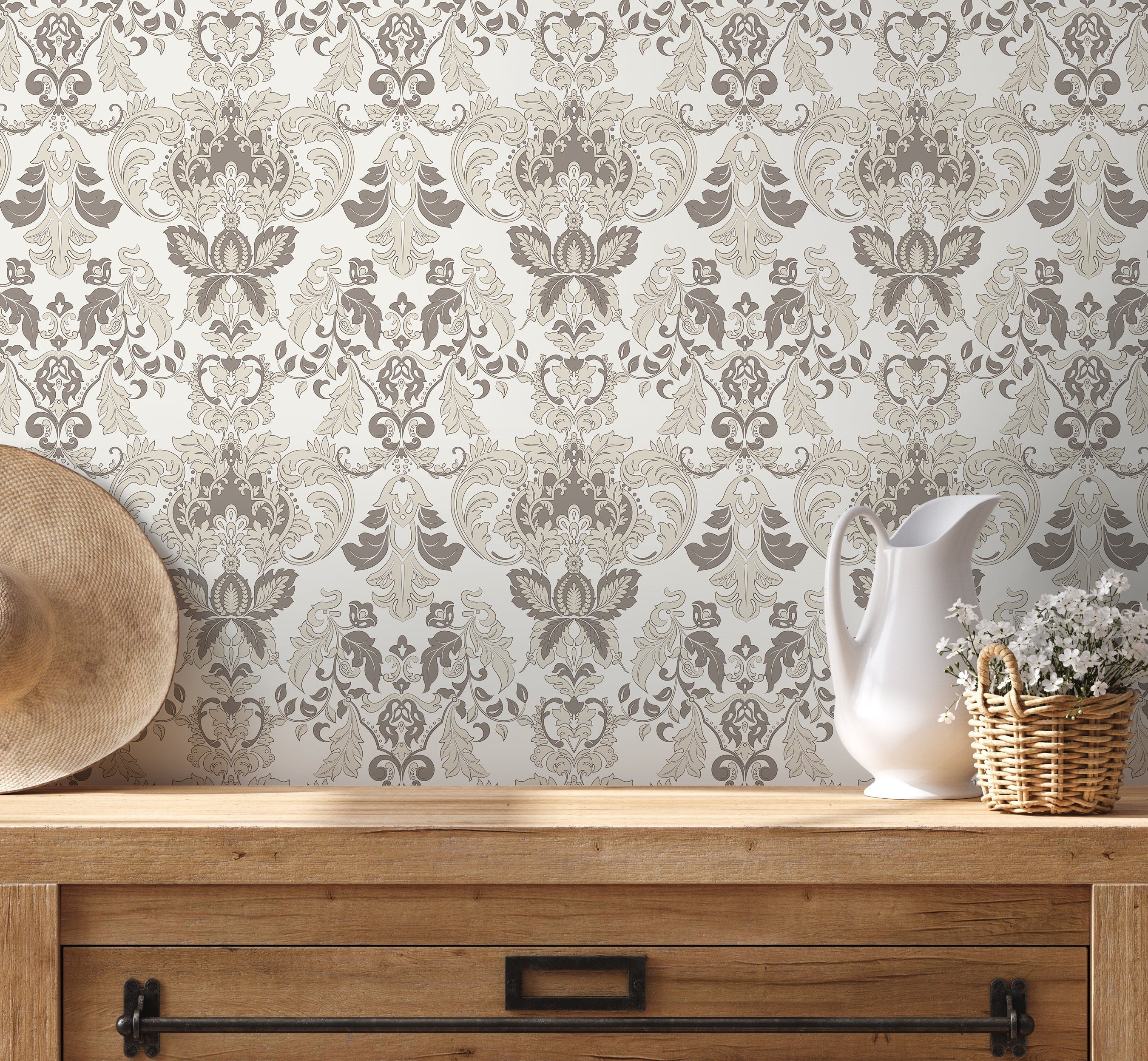 Damask Wallpaper With A Victorian Floral Motif In Taupe And Beige - D098