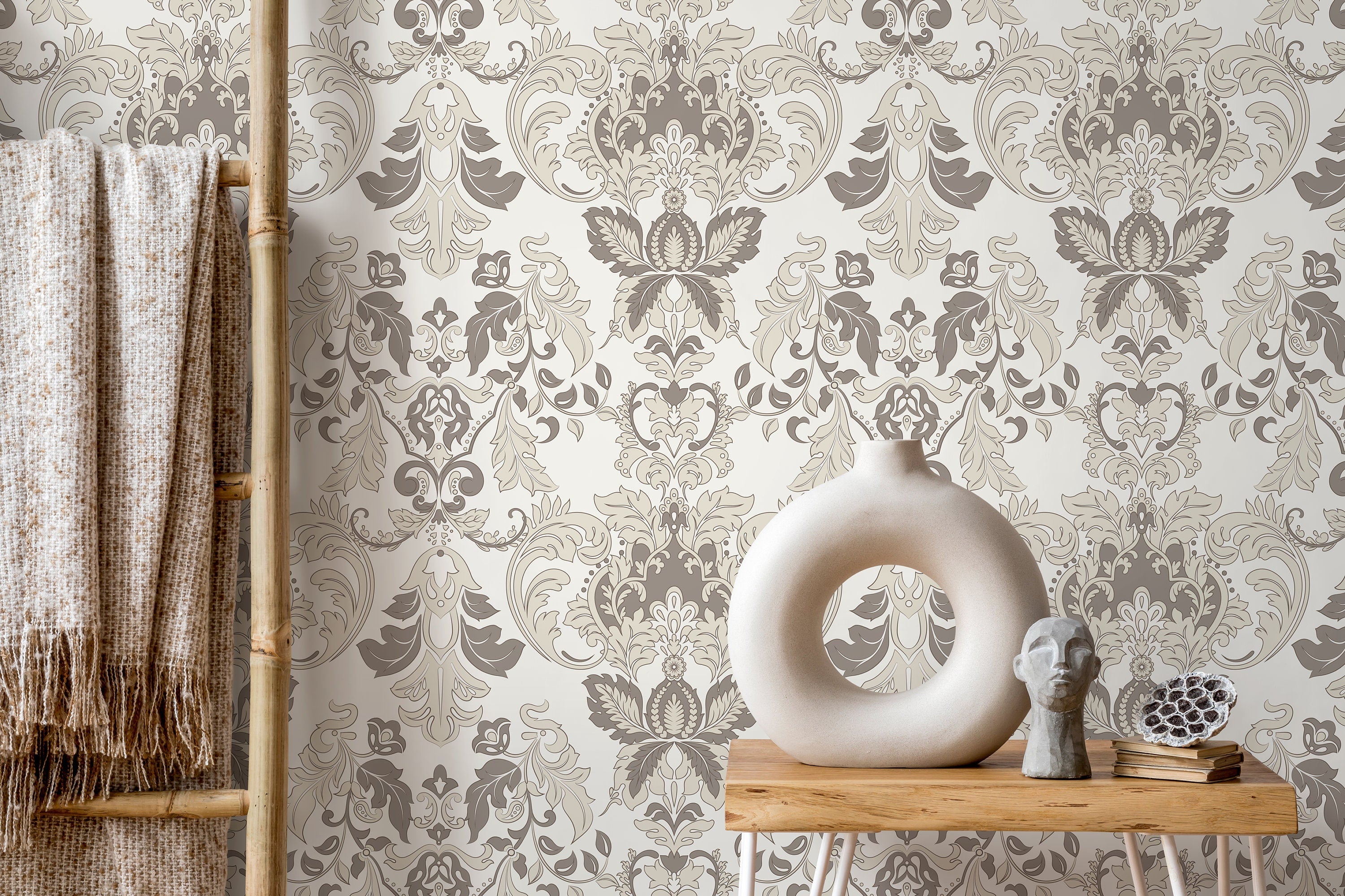 Damask Wallpaper With A Victorian Floral Motif In Taupe And Beige - D098