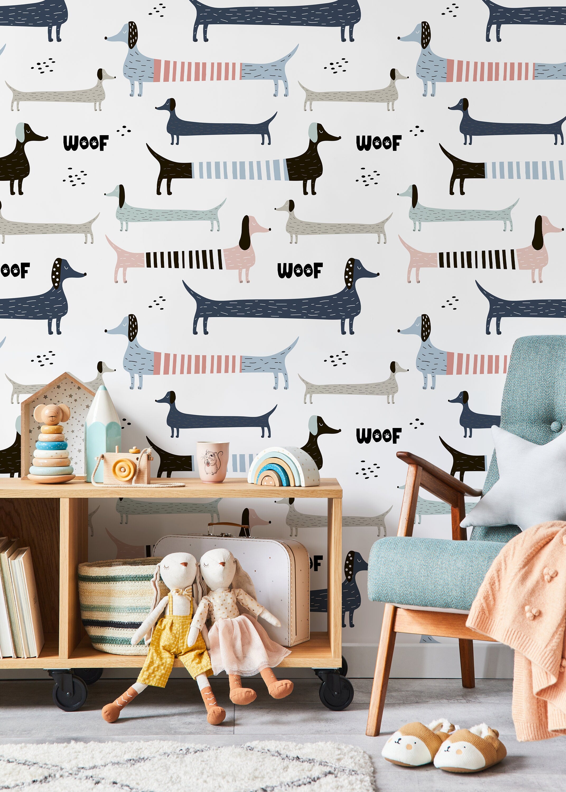 Kids Wallpaper Featuring Whimsical Dachshunds In Blue, Pink, And Grey - D100