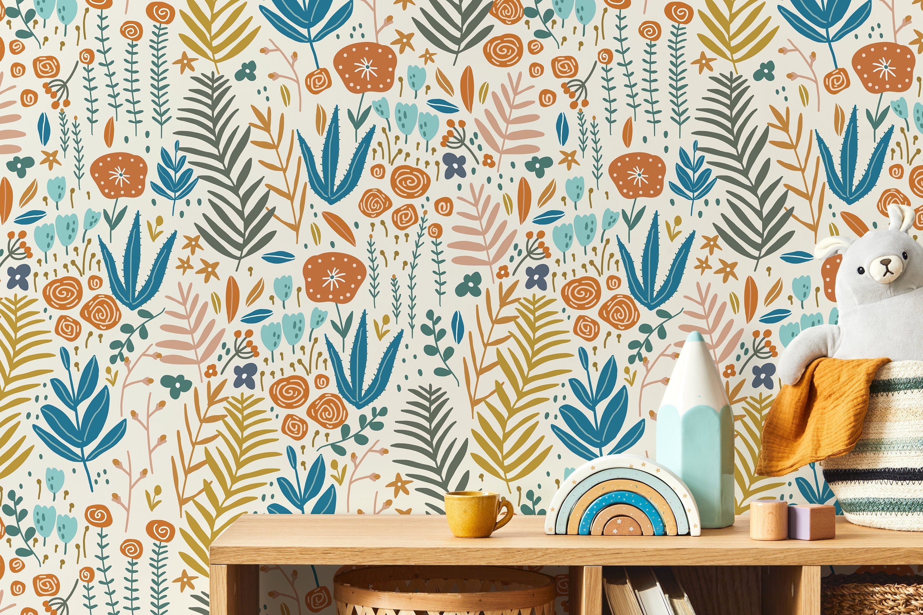 Scandinavian Wildflower Wallpaper With Folk Art Motifs In Teal, Orange, And Yellow - D115