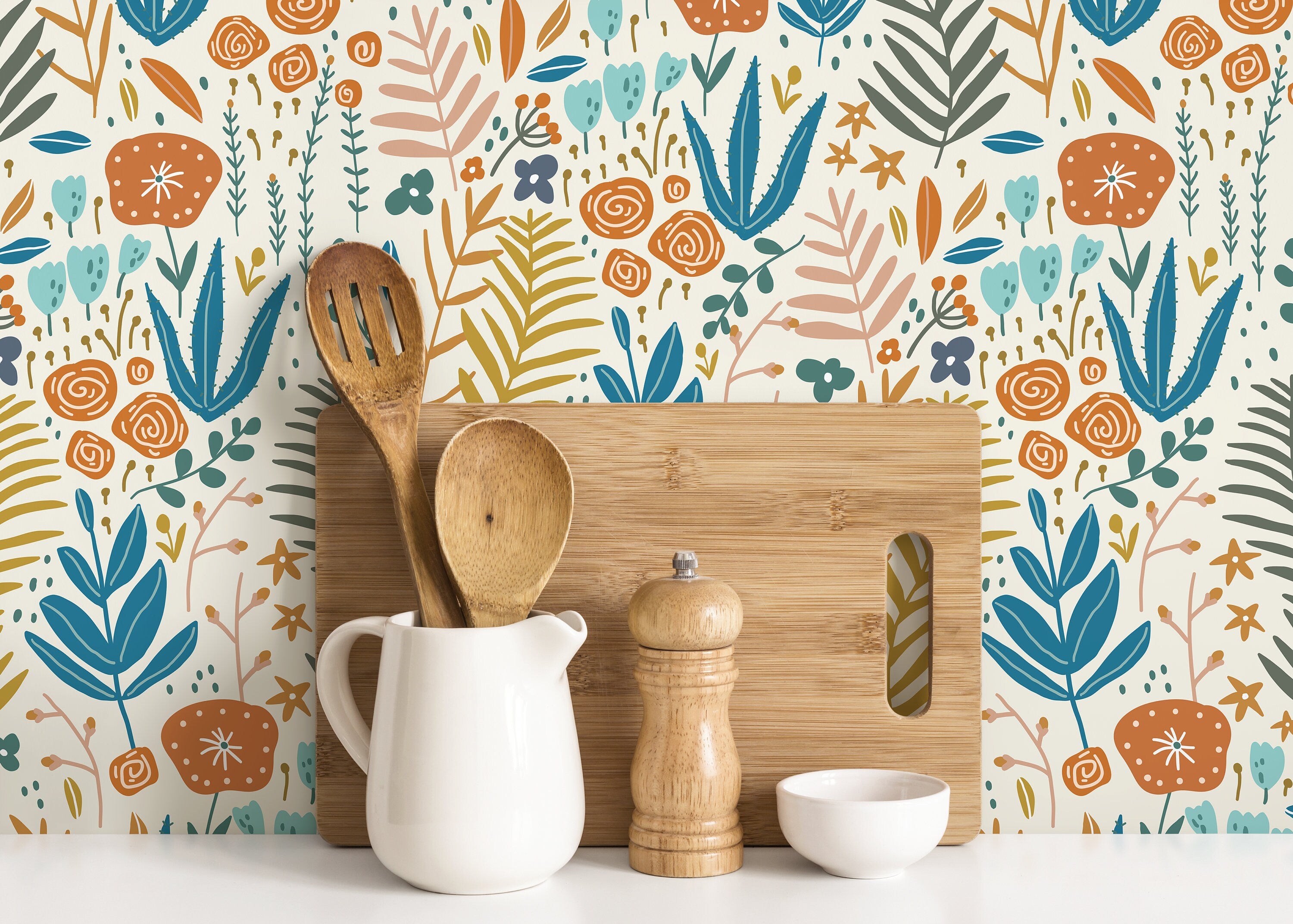 Scandinavian Wildflower Wallpaper With Folk Art Motifs In Teal, Orange, And Yellow - D115