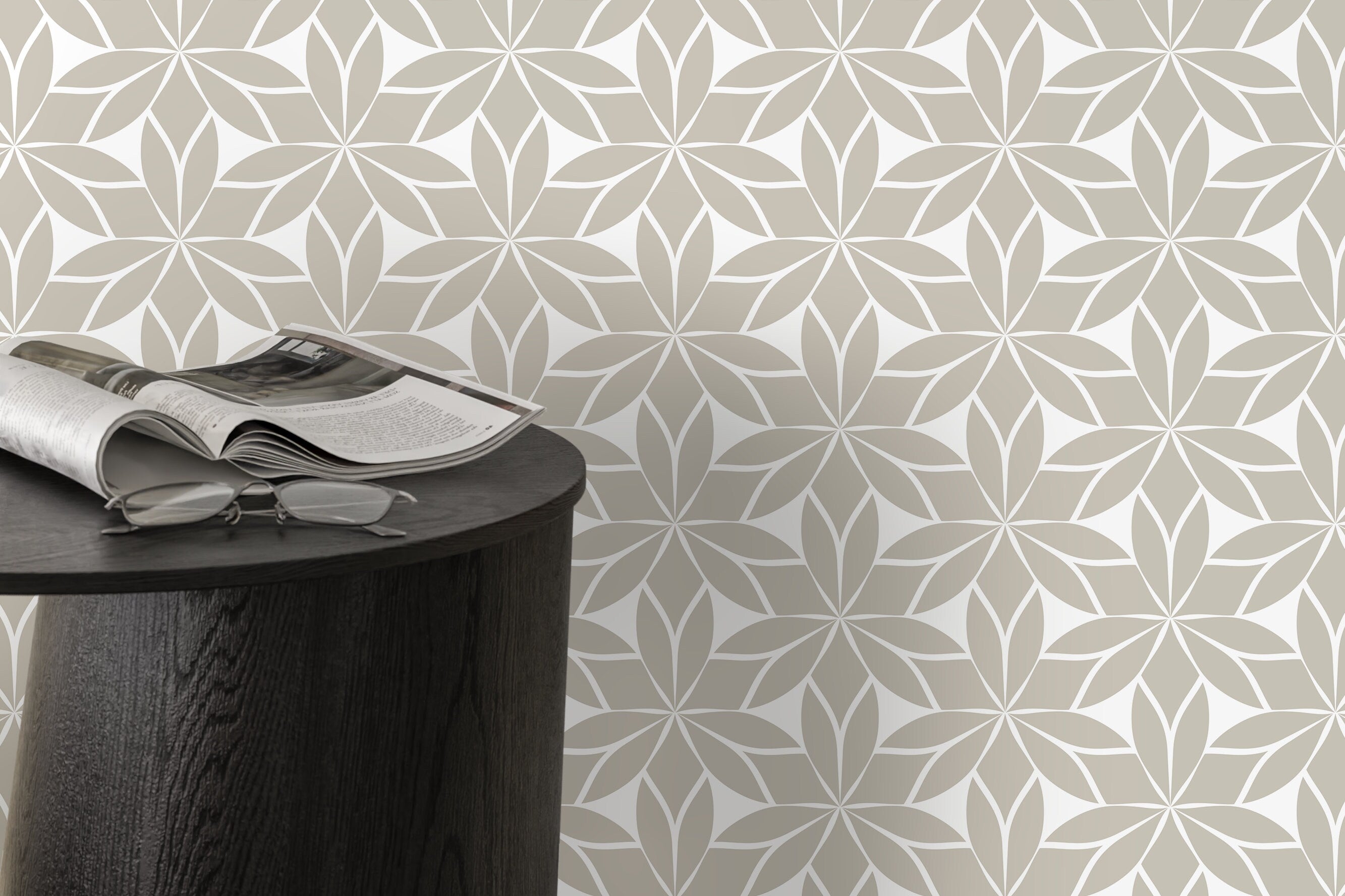 Geometric Wallpaper With A Stylized Floral Motif In Taupe - D174
