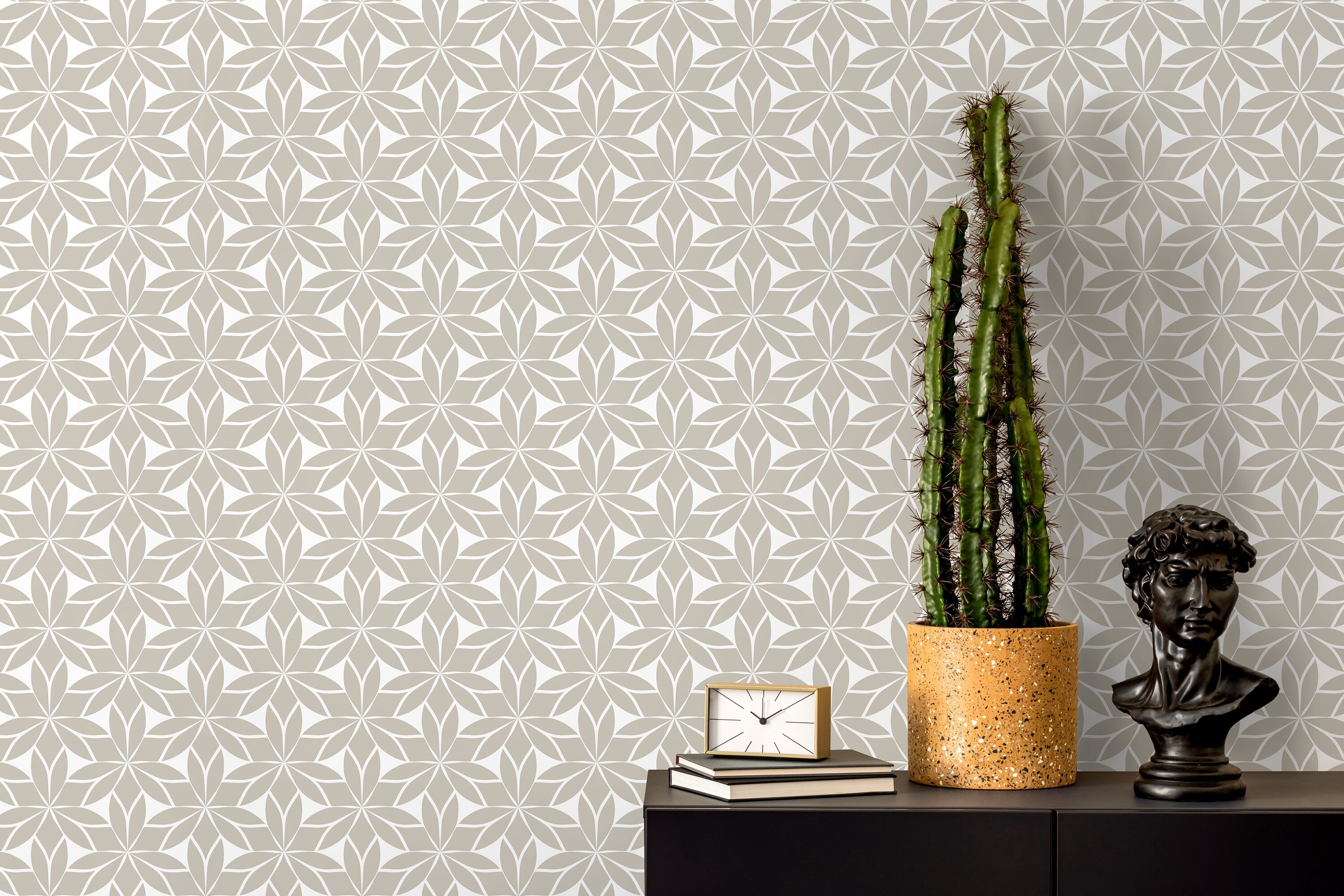 Geometric Wallpaper With A Stylized Floral Motif In Taupe - D174