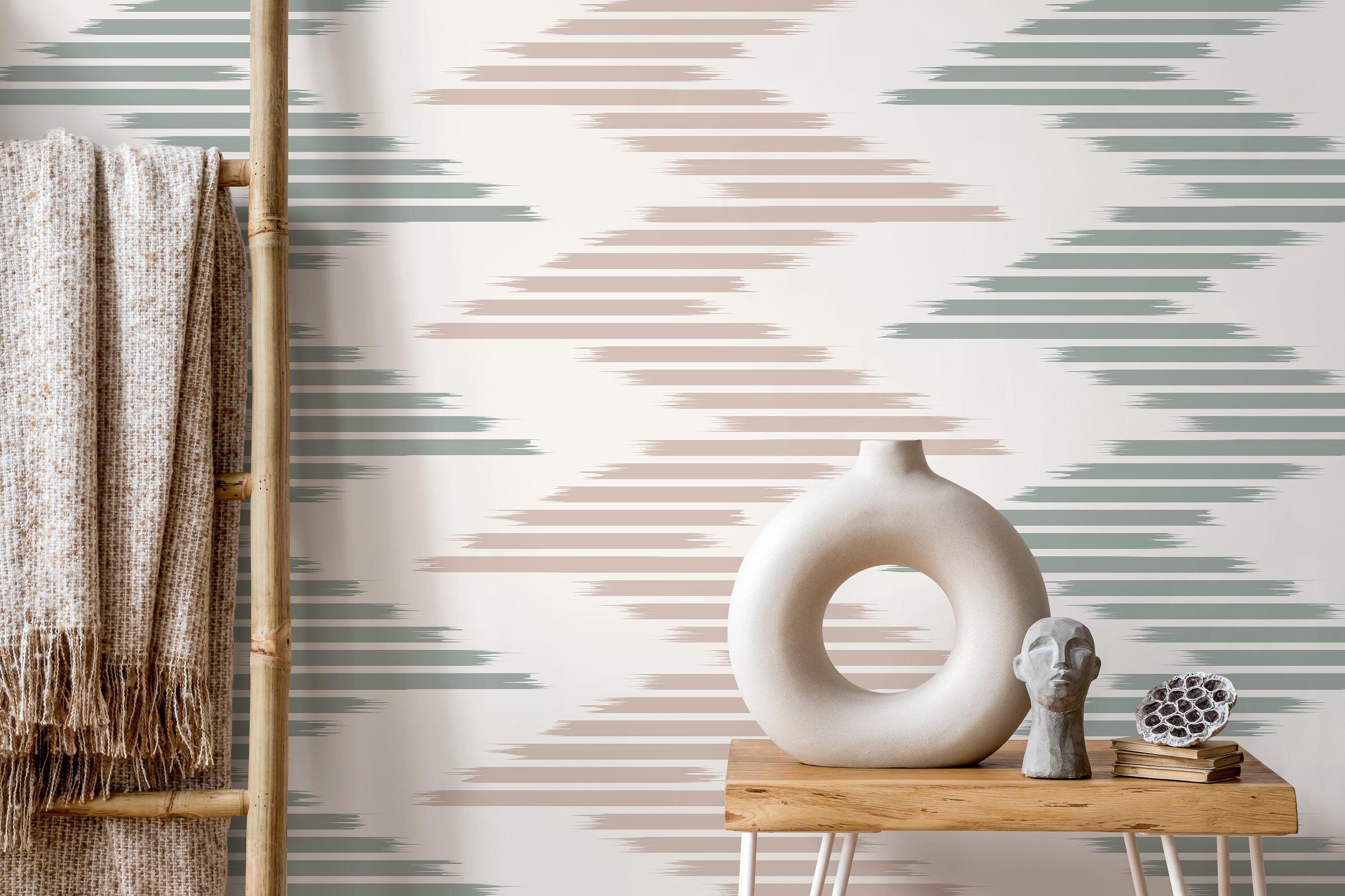 Abstract Wallpaper With An Ikat Stripe Motif In Sage Green And Dusty Rose - D206