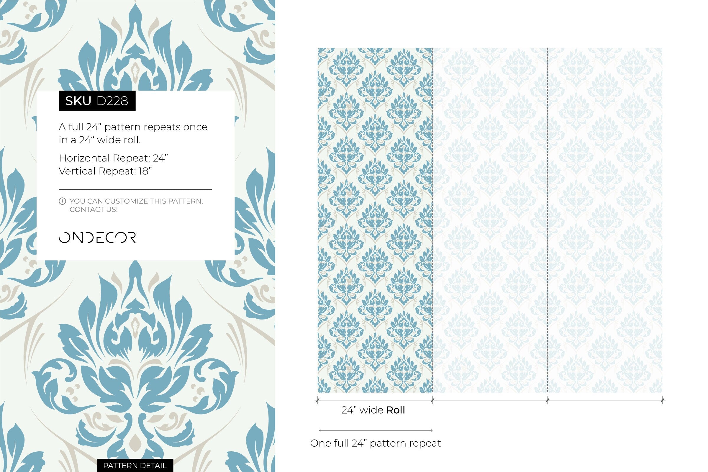 Damask Wallpaper With A Classic Ornate Motif In Blue And Beige - D228