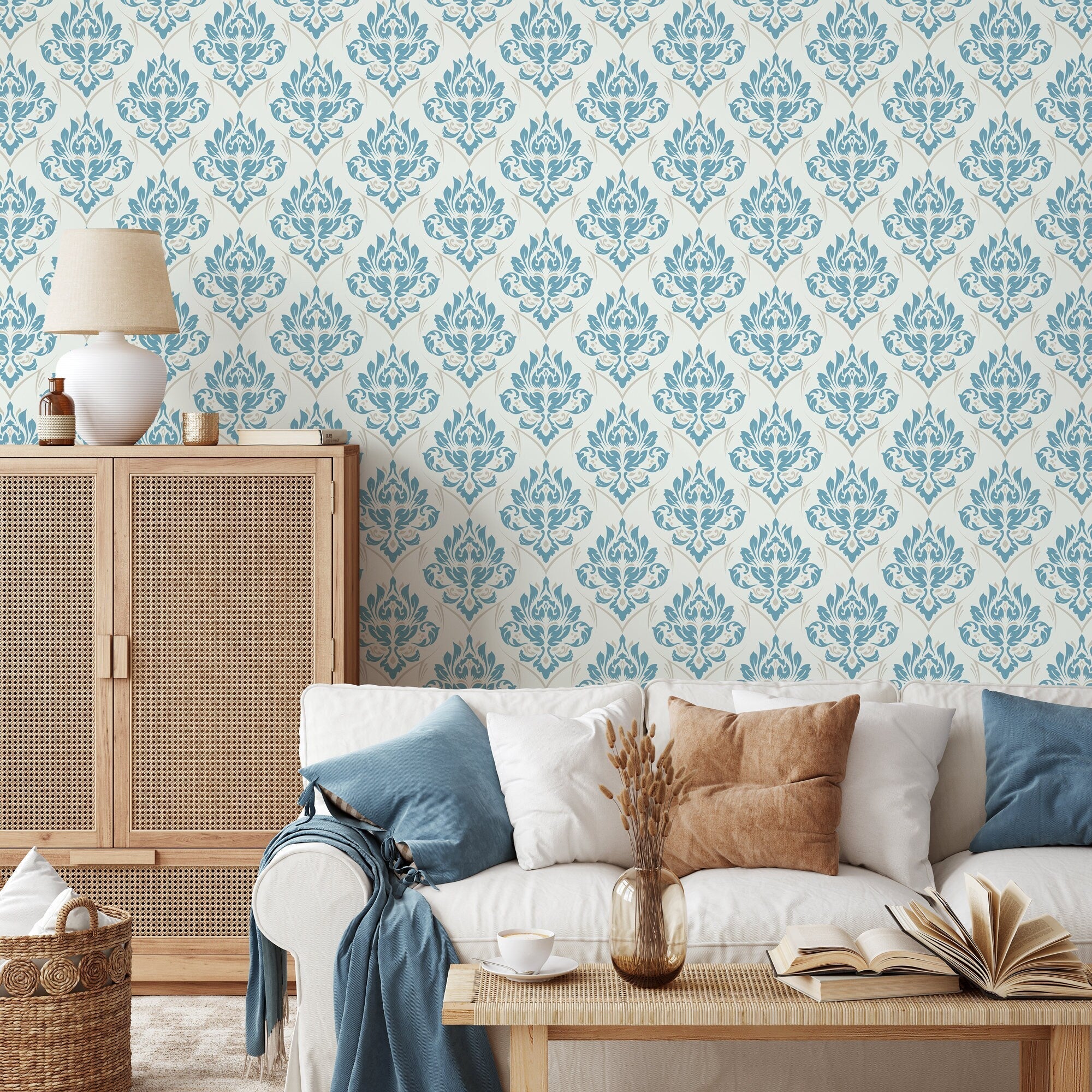 Damask Wallpaper With A Classic Ornate Motif In Blue And Beige - D228