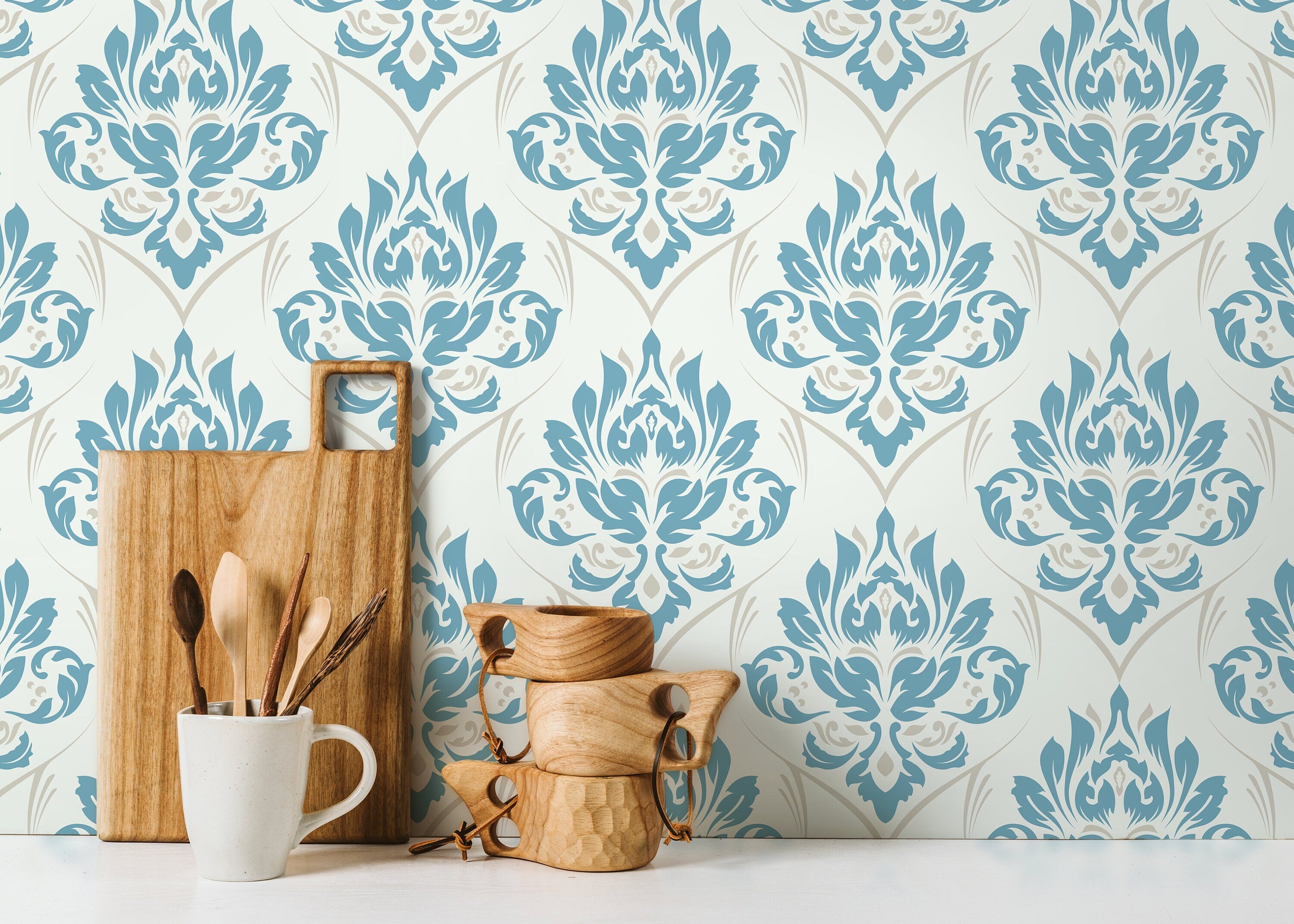 Damask Wallpaper With A Classic Ornate Motif In Blue And Beige - D228