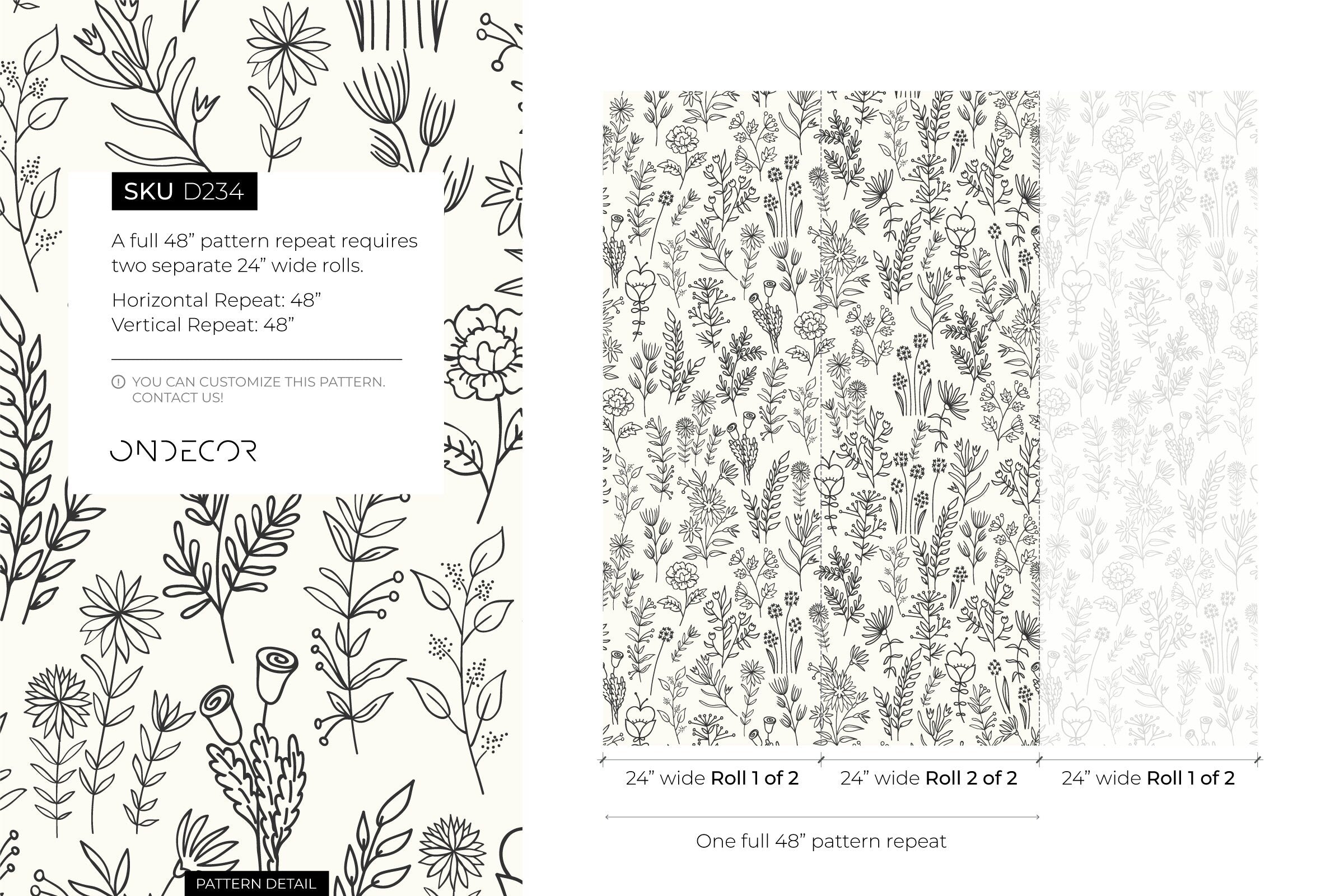 Floral Wallpaper With A Boho Wildflower Motif In Black And White - D234