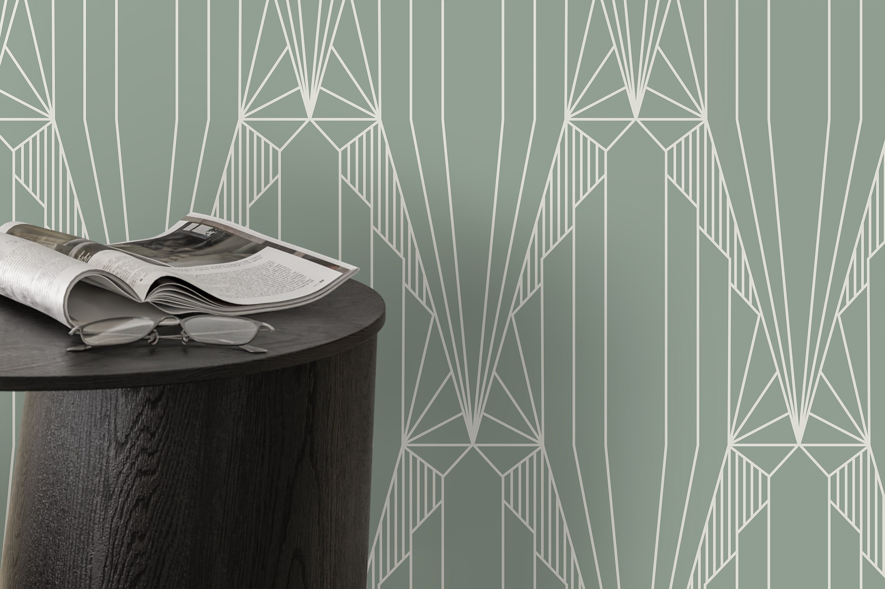 Art Deco Wallpaper With A Symmetrical Fan Motif In Sage Green And Cream - D242