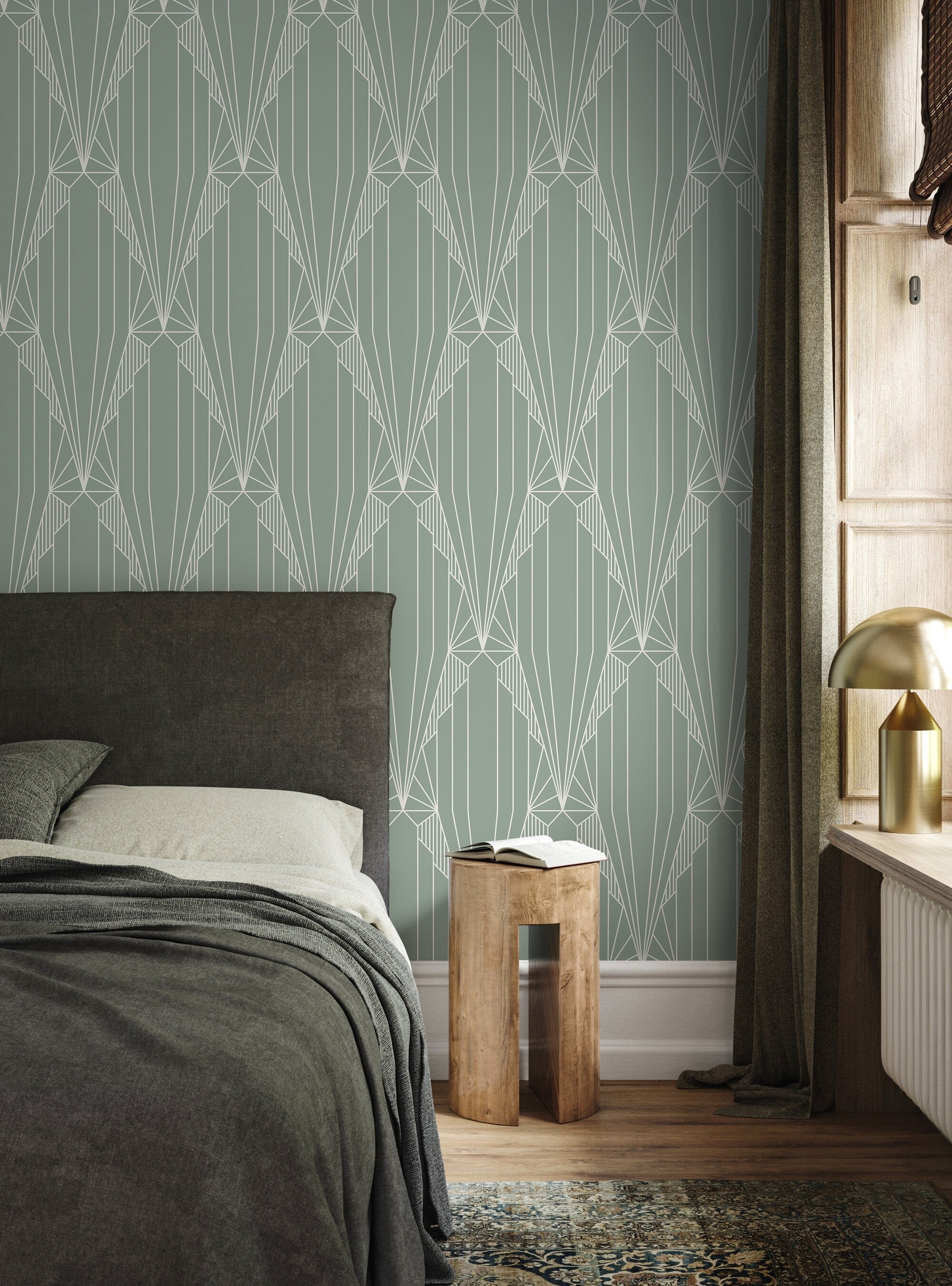 Art Deco Wallpaper With A Symmetrical Fan Motif In Sage Green And Cream - D242