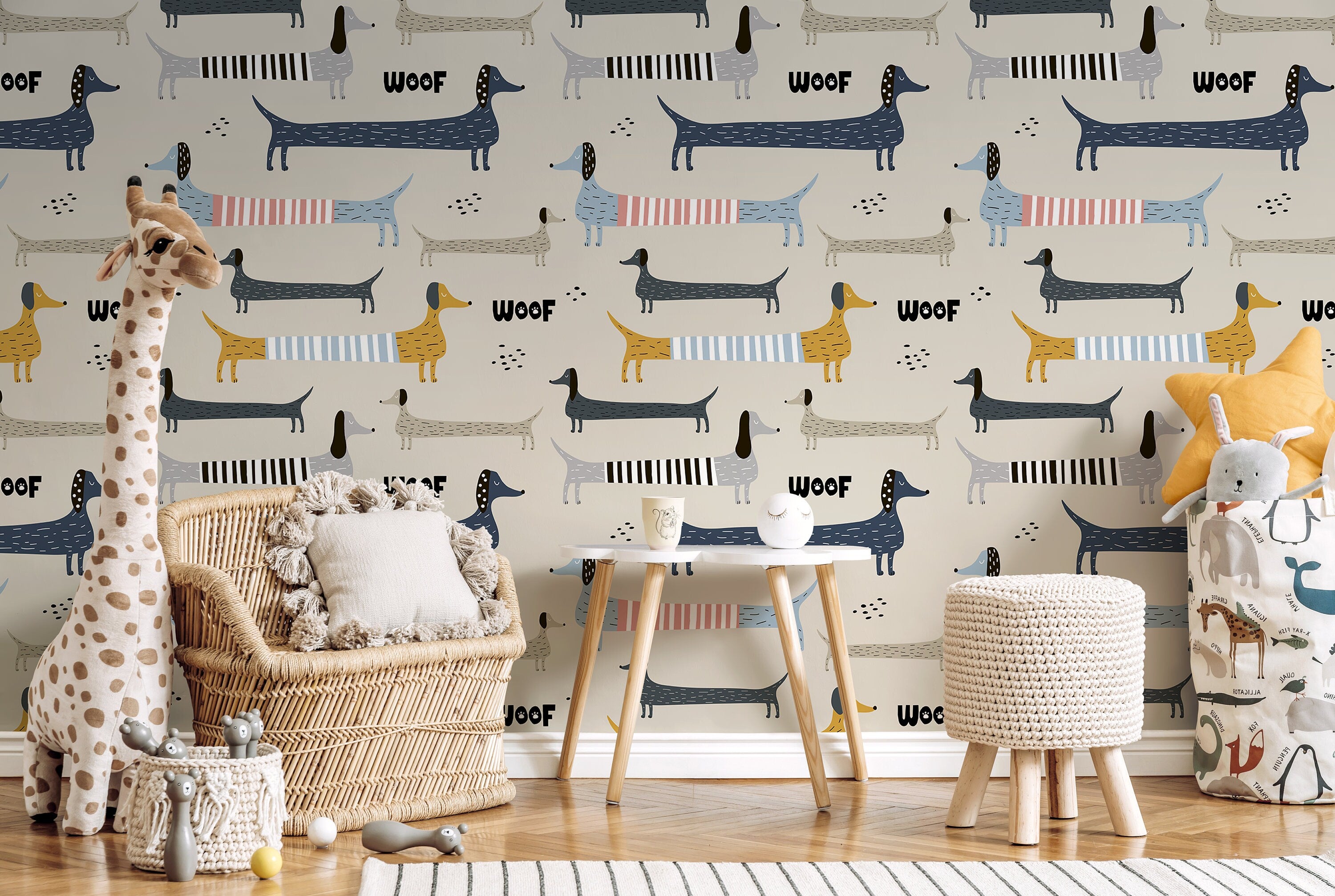 Kids Wallpaper With A Whimsical Dachshund Motif In Blue, Yellow, And Grey - D101