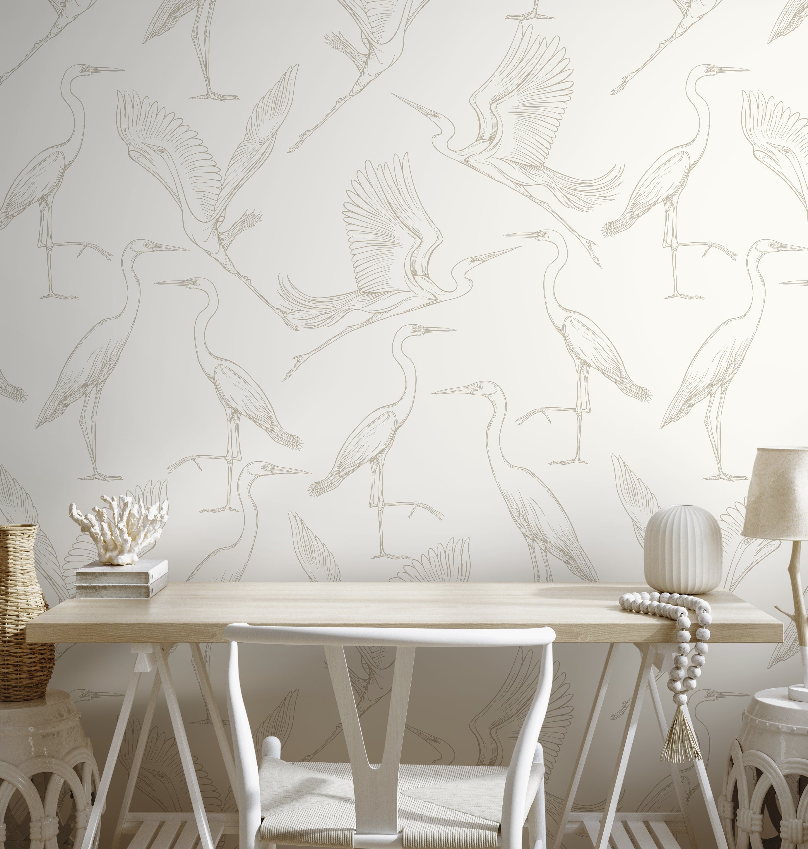 Bird Wallpaper With Elegant Crane Illustrations In Cream And Beige - D103