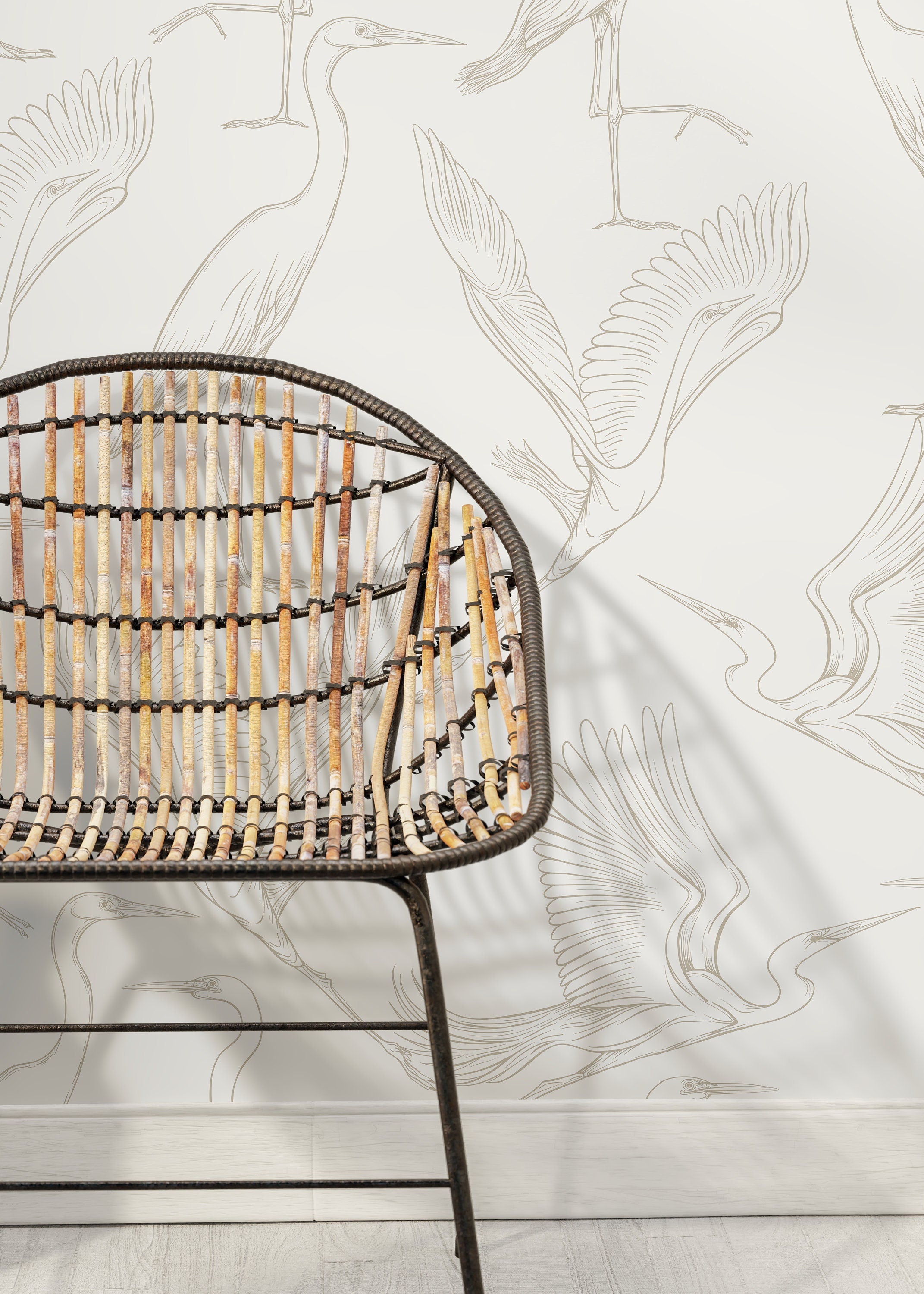 Bird Wallpaper With Elegant Crane Illustrations In Cream And Beige - D103