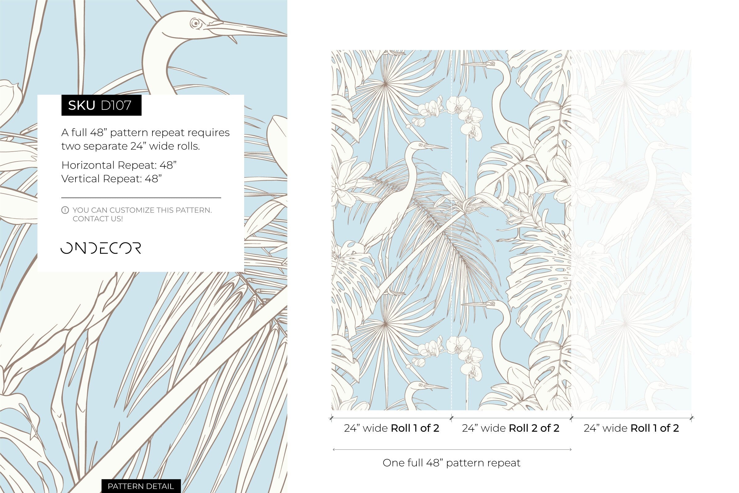 Chinoiserie Wallpaper With Cranes And Tropical Botanicals In Light Blue - D107