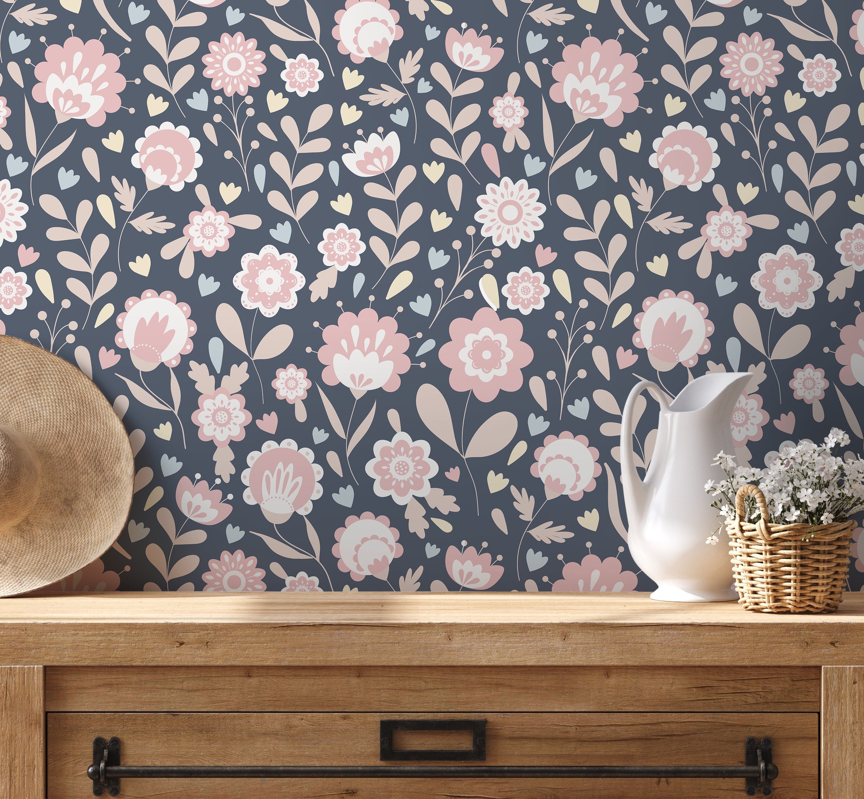 Scandinavian Wallpaper Featuring Stylized Folk Art Flowers In Pink, Blue, And Cream - D108