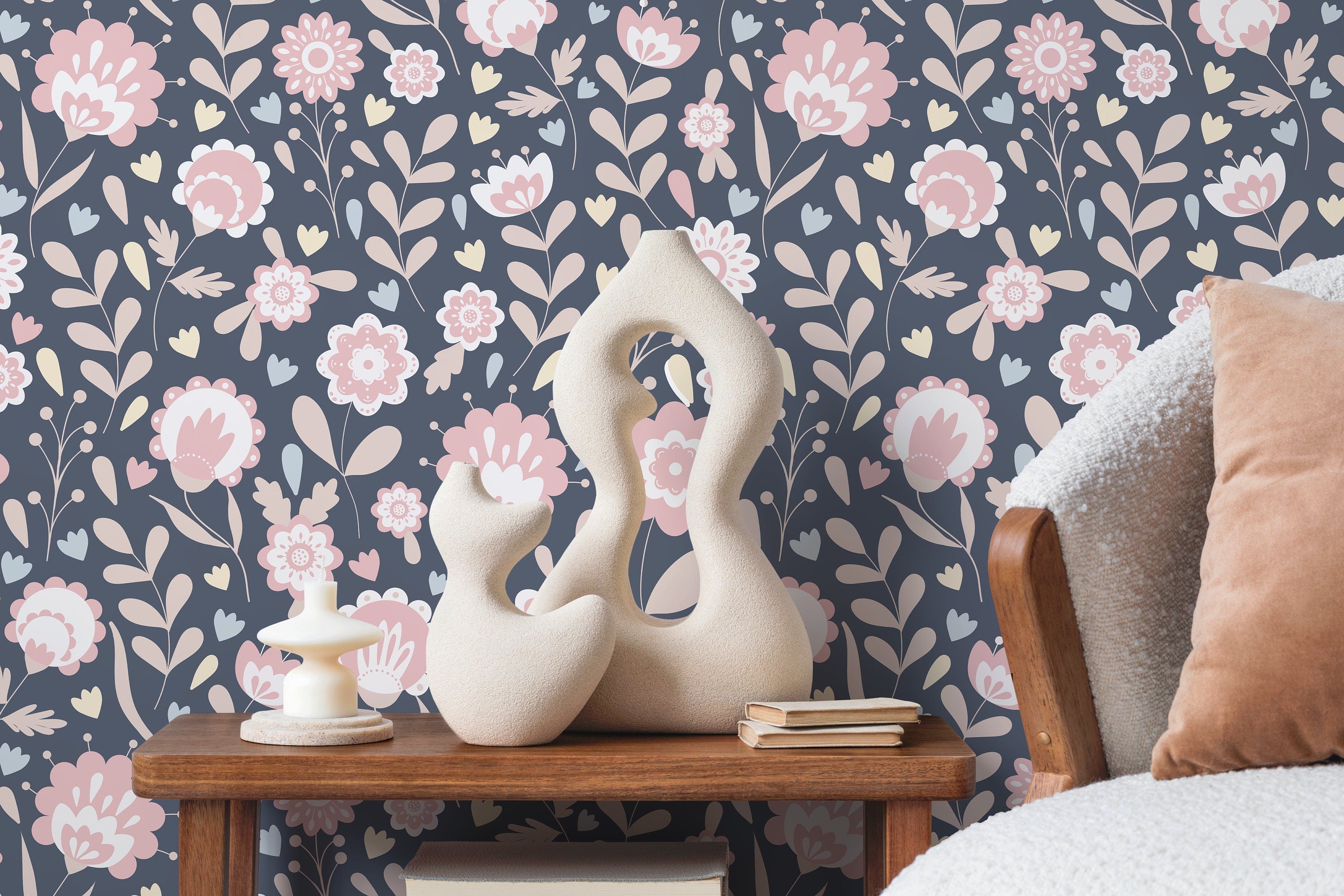 Scandinavian Wallpaper Featuring Stylized Folk Art Flowers In Pink, Blue, And Cream - D108
